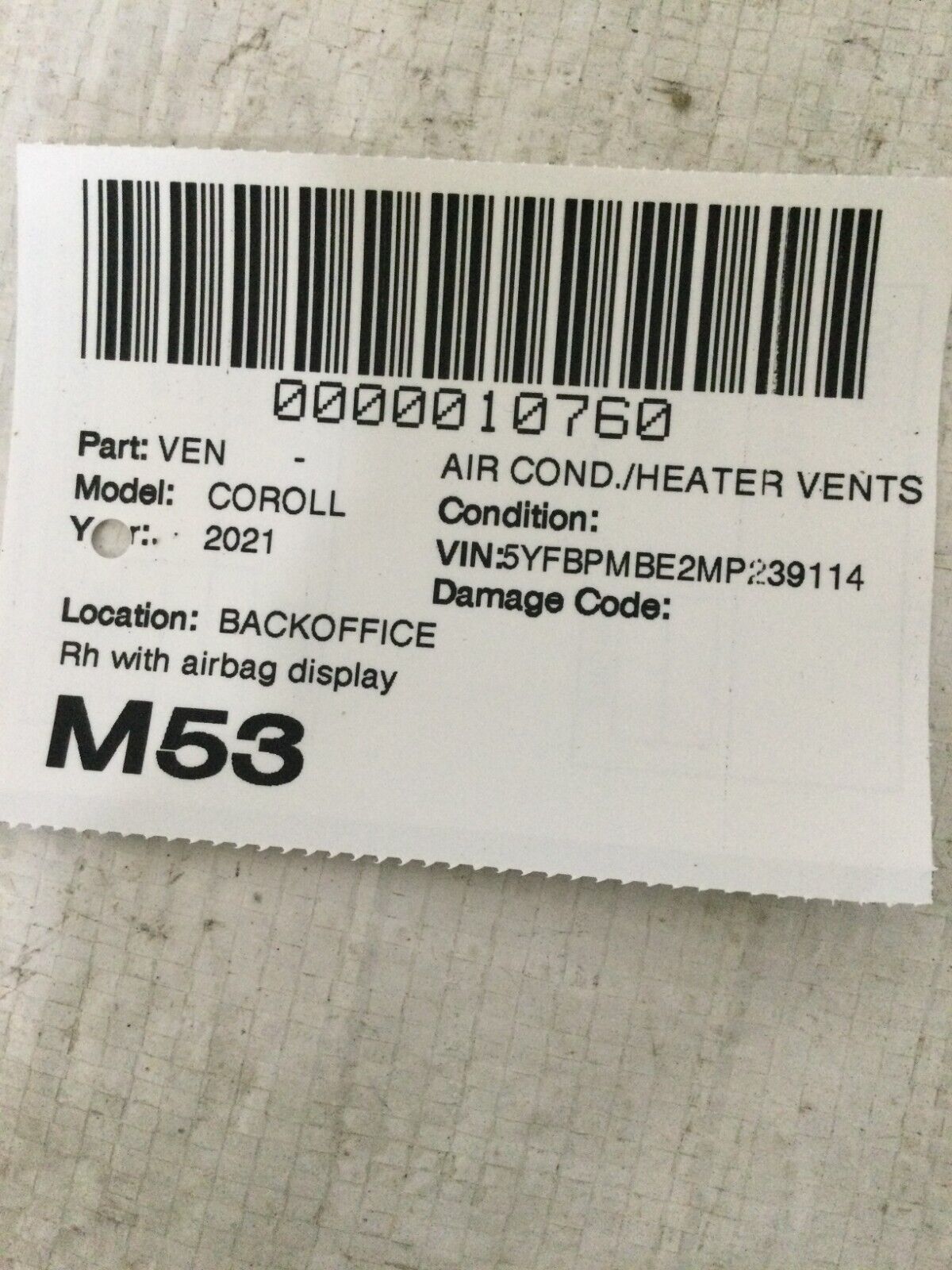 2019-2022 Toyota Corolla Right Side Passenger Dash Air Vent 55011-02260 OEM