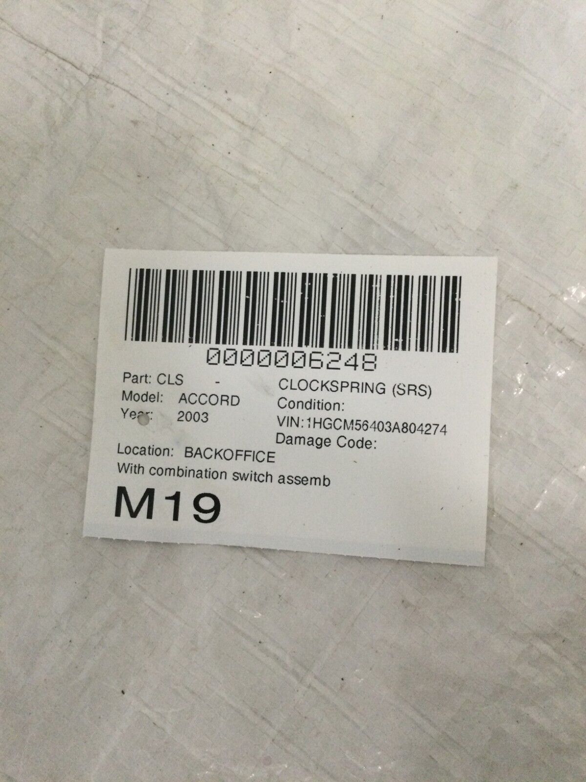 2003 Honda Accord Clock spring W/ Column Combination Switch OEM