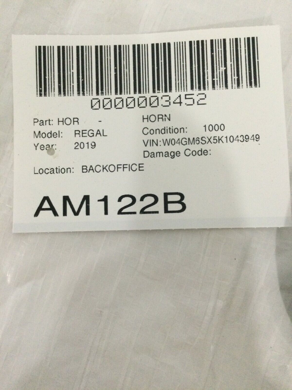 2019 Buick Regal Sportback Preferred II Low Note Horn OEM 2.0L 39088255