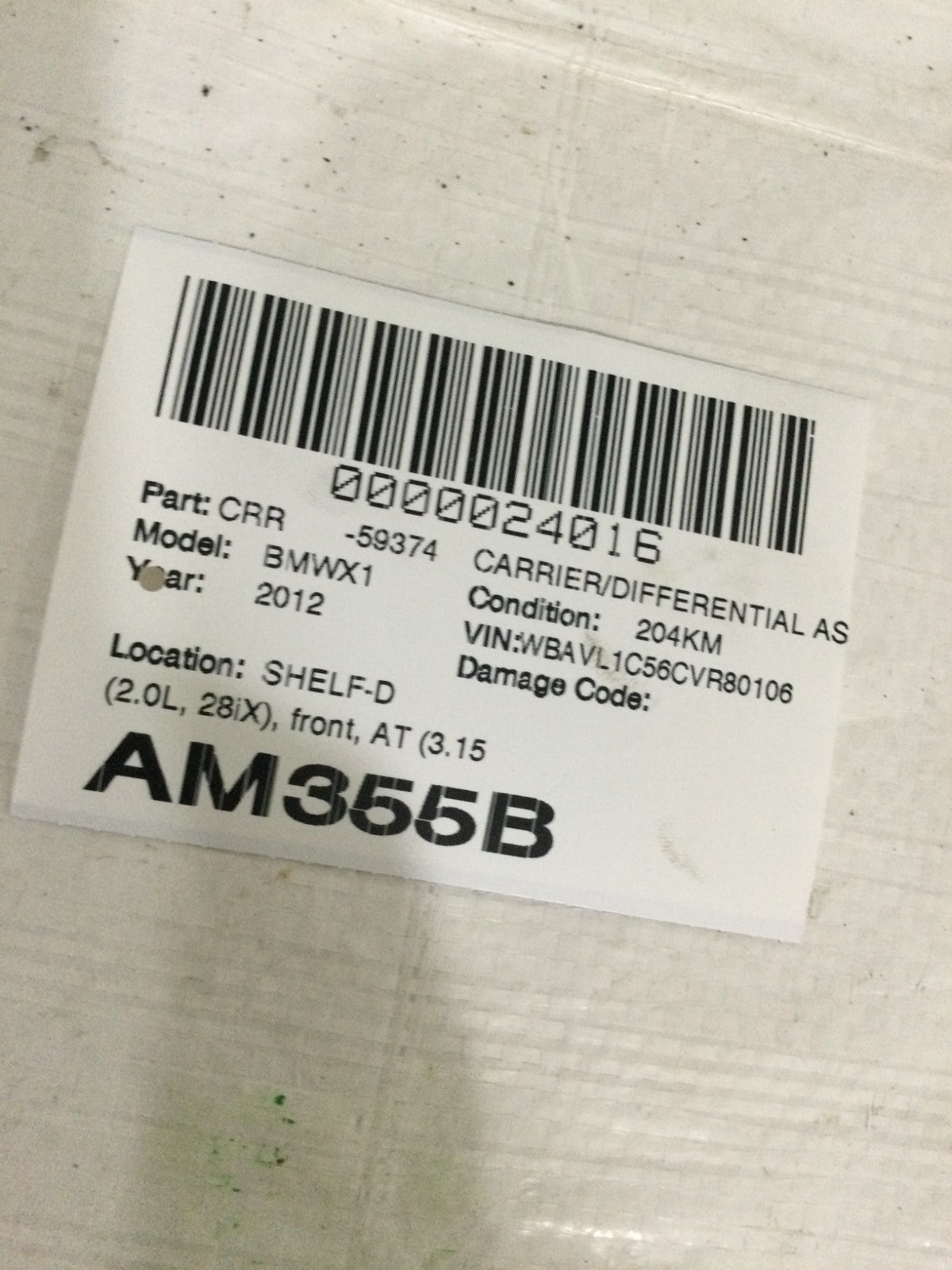 2012 BMW X1 2.0L Front Differential OEM