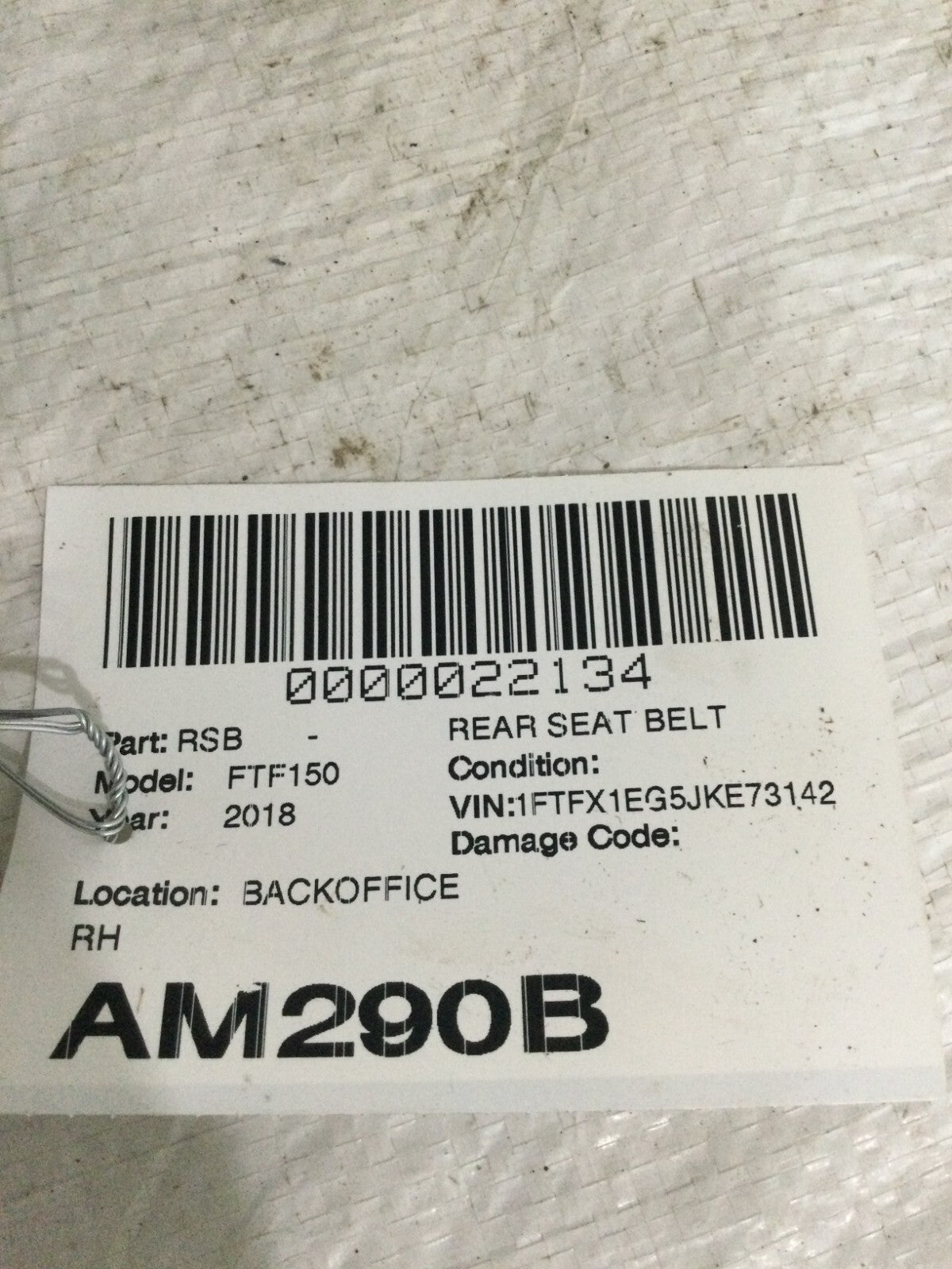 2018 Ford F-150 Rear Right Seat Belt OEM