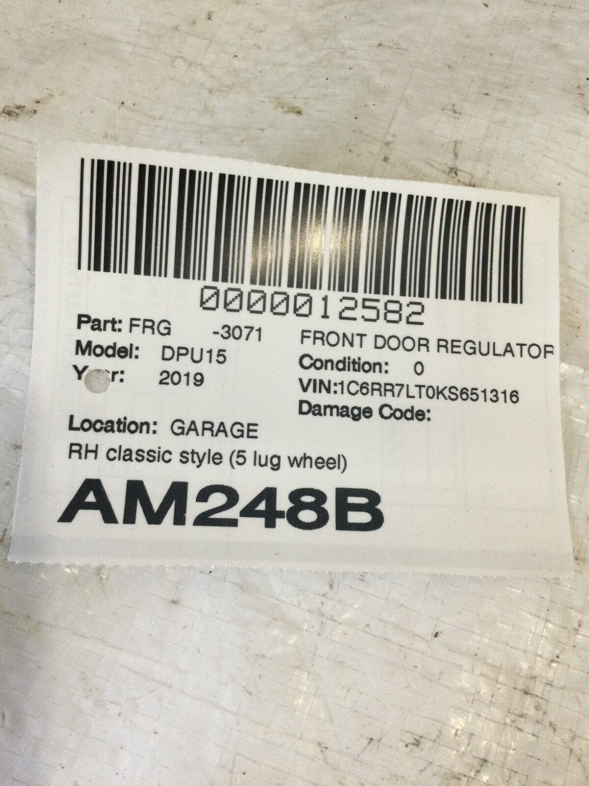 2019 Dodge Ram 1500 Front Right Window Door Regulator OEM