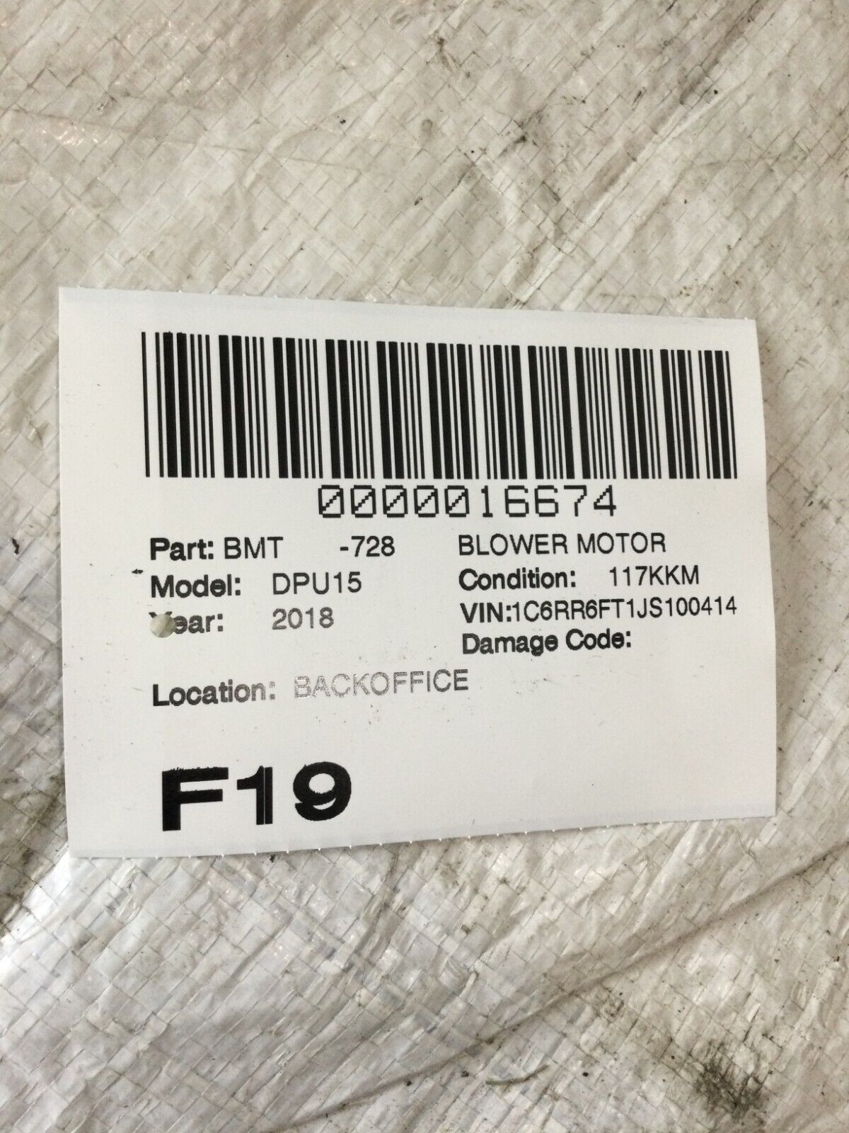 2018 RAM 1500 A/C Heater Blower Motor OEM