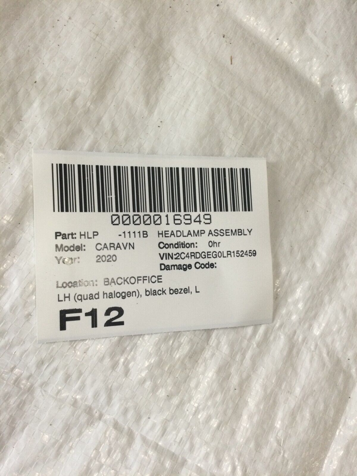 2020 Dodge Grand Caravan Left Driver Side Headlight Halogen 68206501AE Black