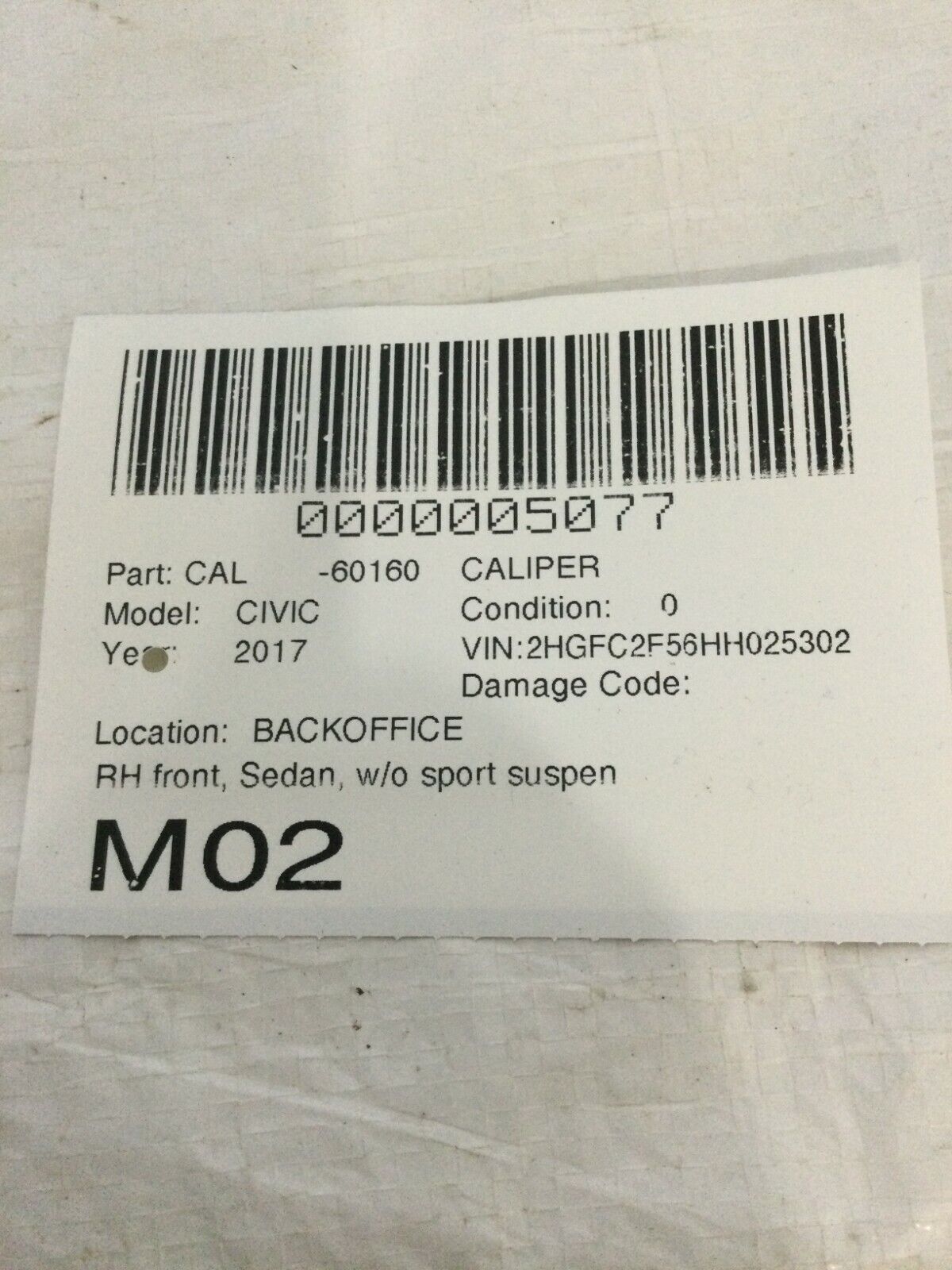 2016-2018 Honda Civic Front Right Sedan Brake Caliper OEM