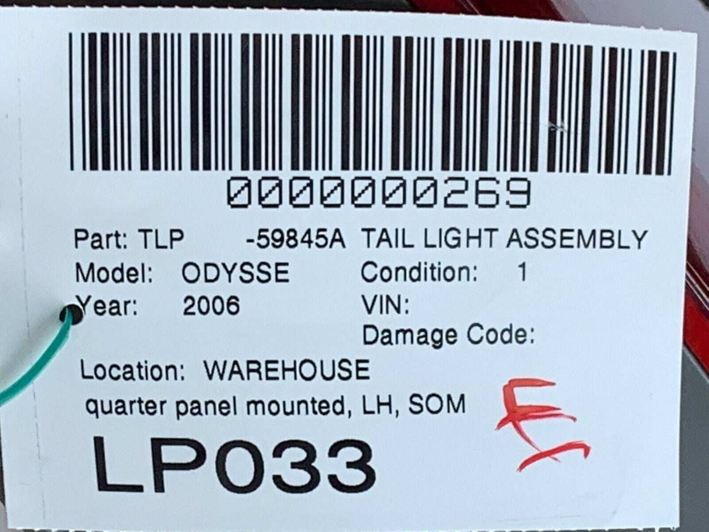 2006 Honda Odyssey Rear Left Driver Side Tail Light Lamp OEM