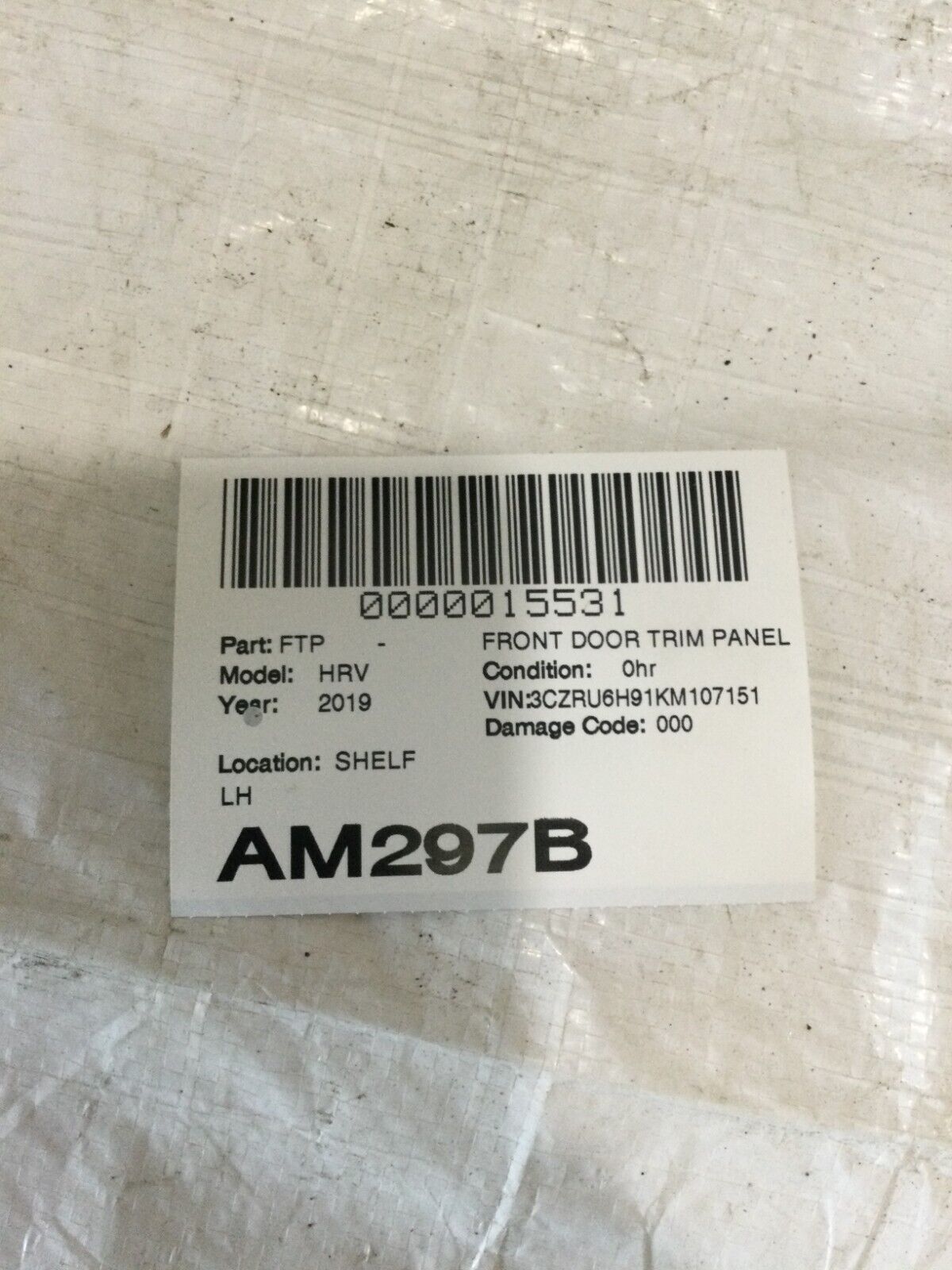 2019 Honda HR-V Front Left LH Driver Interior Door Panel Trim Black OEM