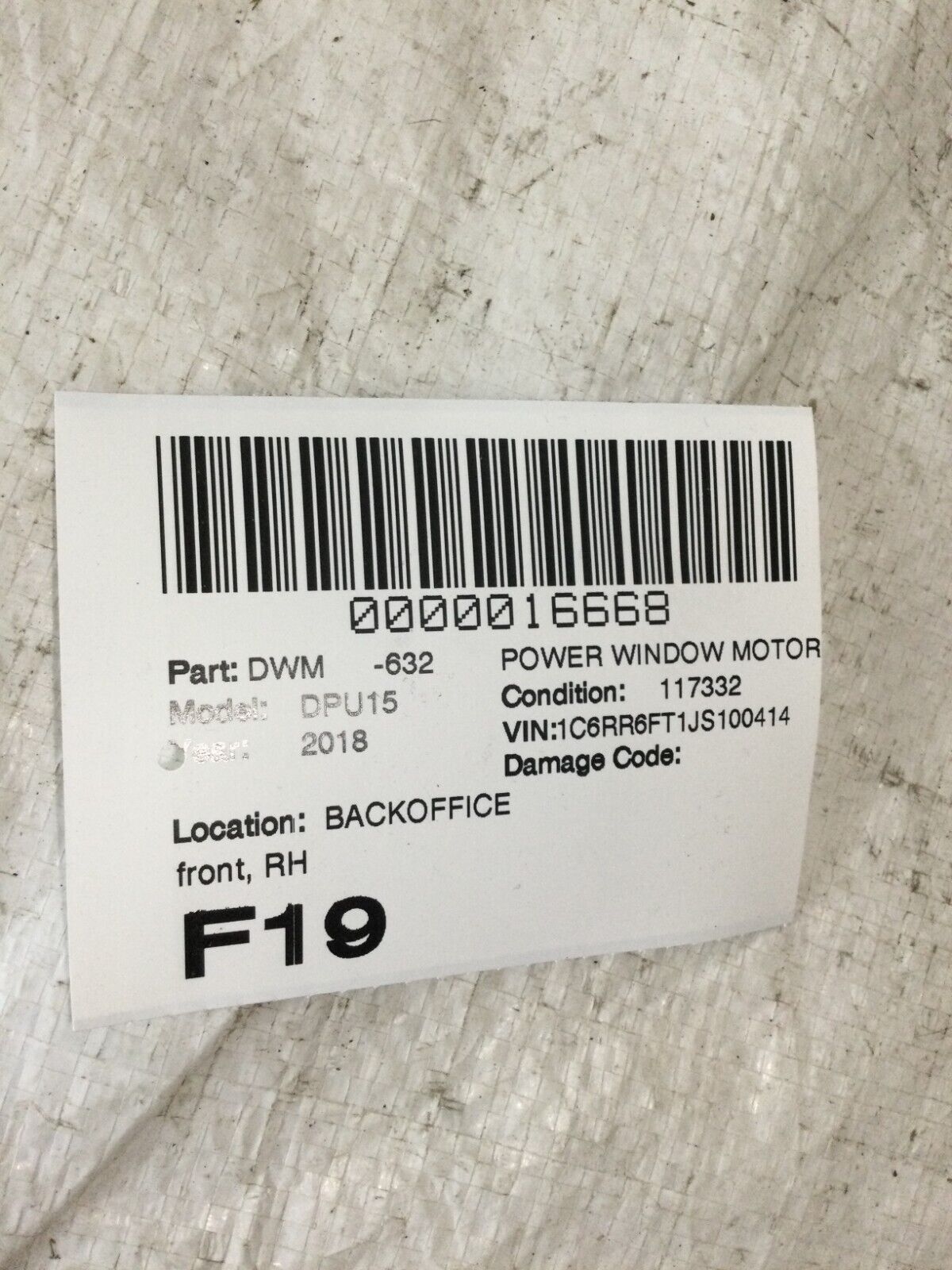 2018 RAM 1500 Front Right side Door Power Window Motor OEM