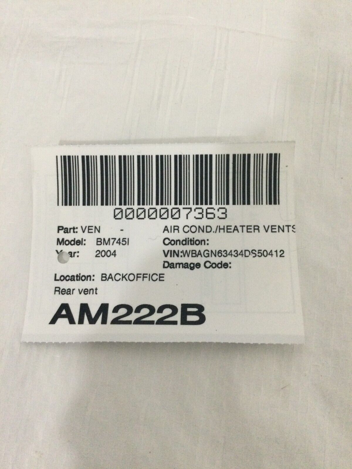 02-08 BMW E65 E66 745Li REAR CENTER CONSOLE A/C AC AIR HEATER VENT OEM 7002395