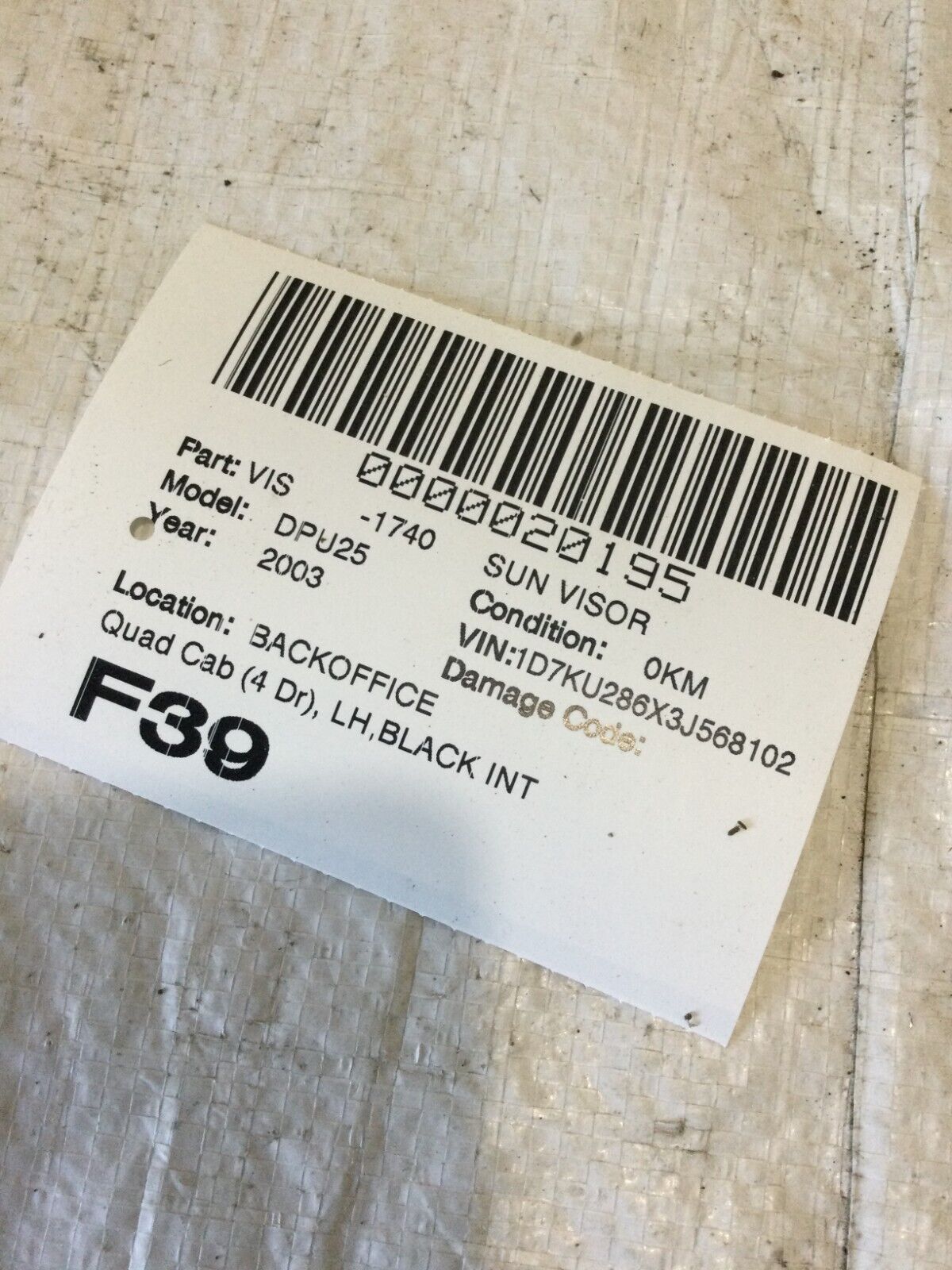 2003 to 2005 Dodge Ram 2500 Left Driver Side Sun Visor OEM