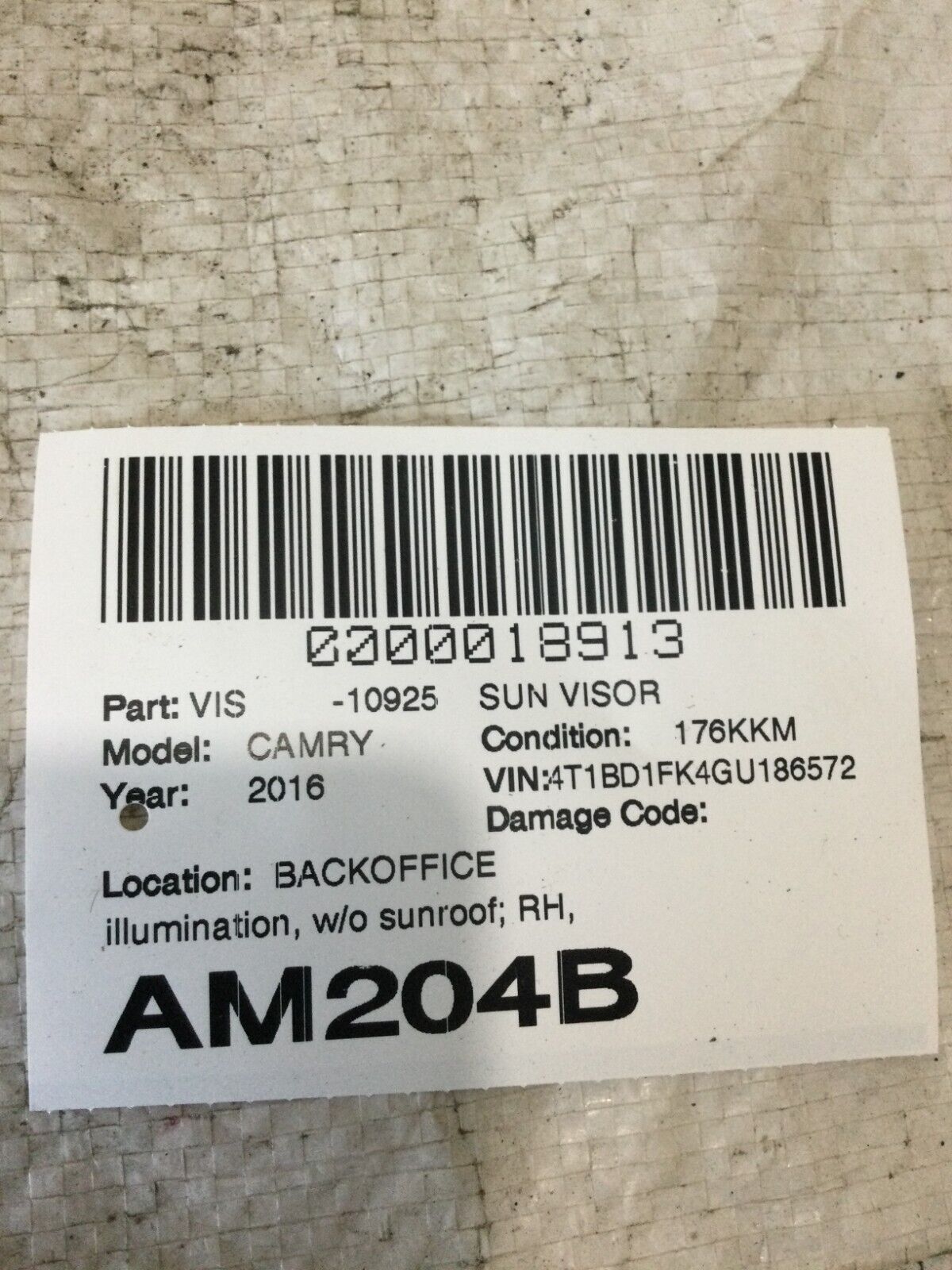 2016 Toyota Camry Right Passenger Sunvisor OEM