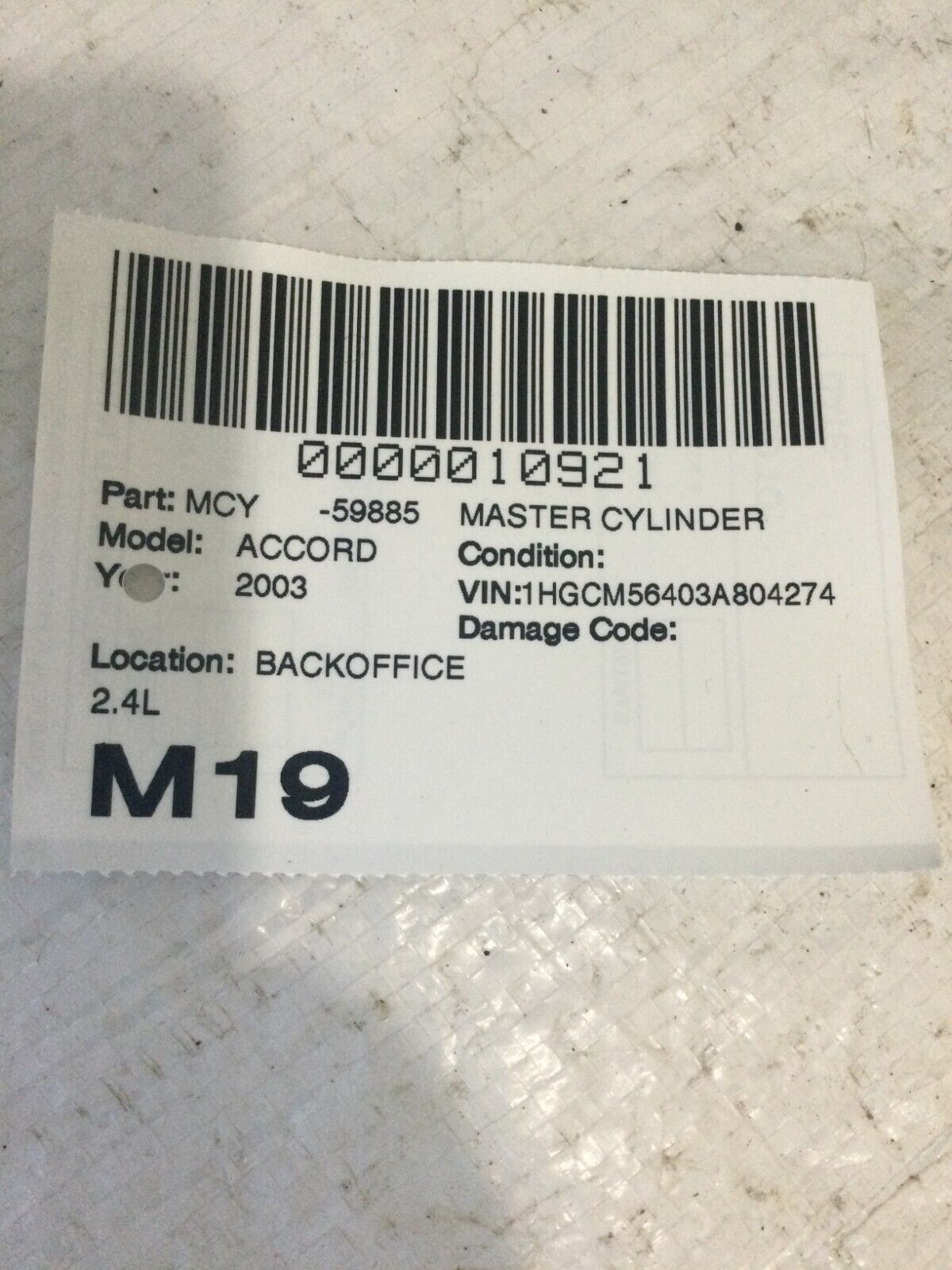 2003 Honda Accord Master Brake Cylinder OEM 2.4L