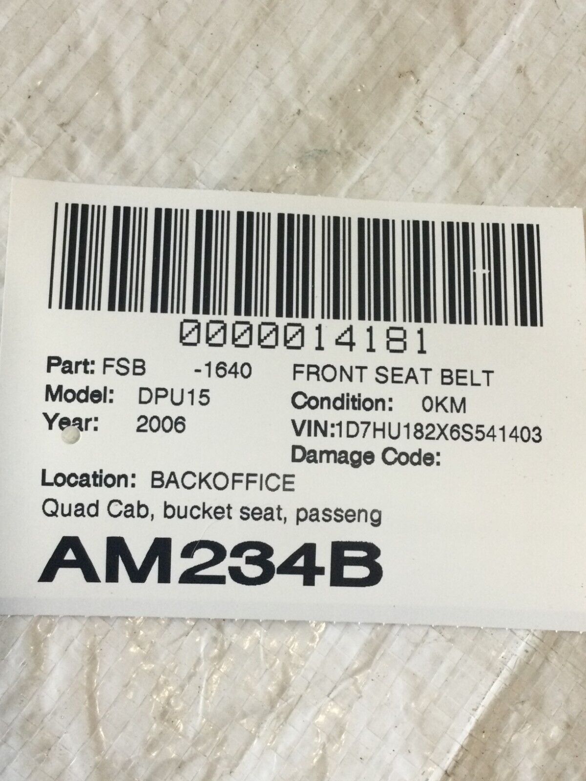2006 Dodge Ram 1500 Front Seat Belt Bucket Seat OEM