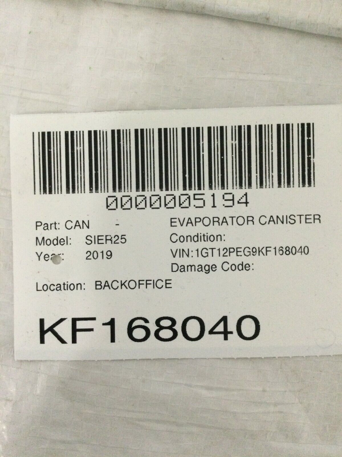 2019 GMC Sierra 2500HD Fuel Vapor Canister 6.0L OEM