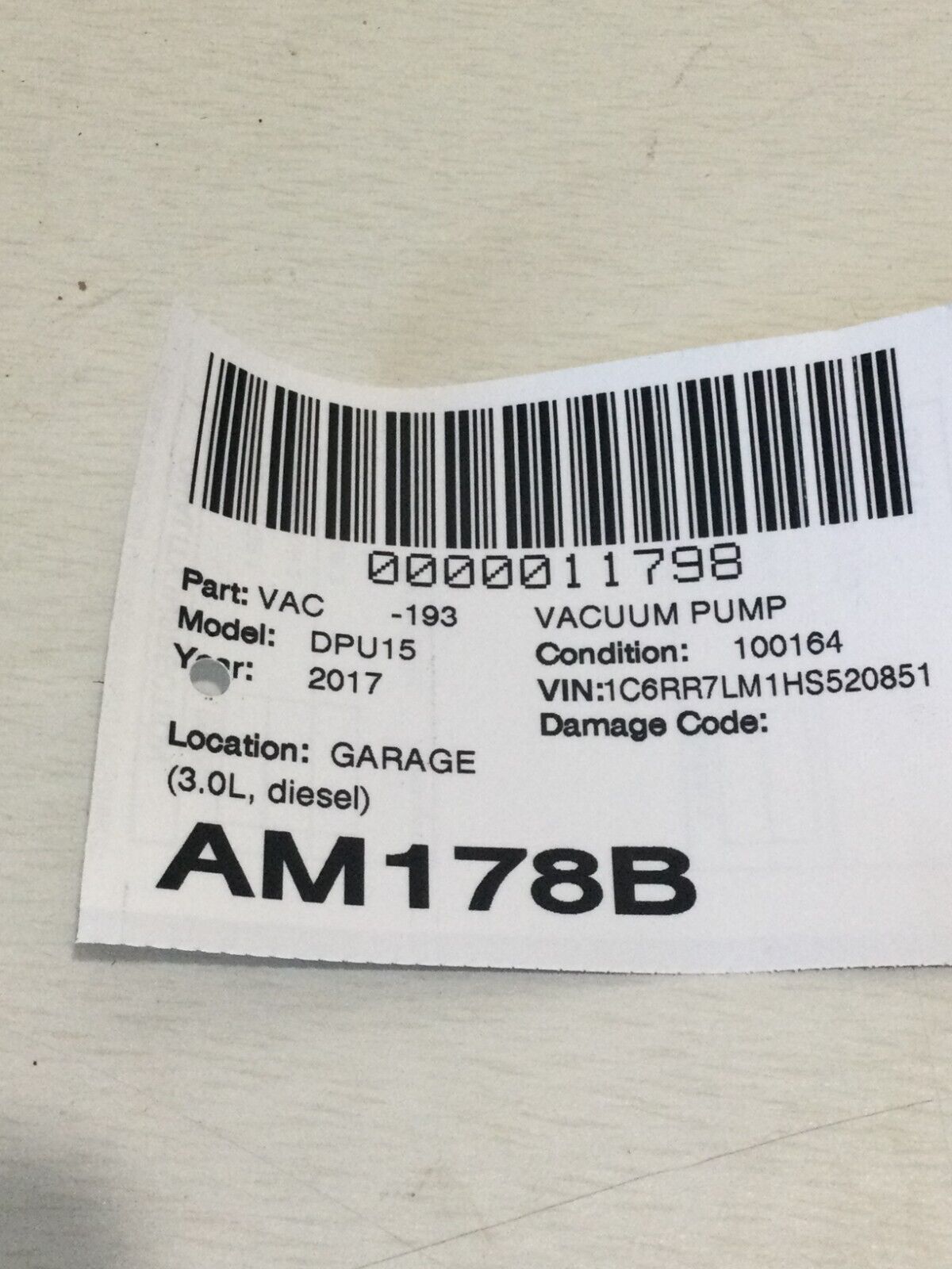 2017 Dodge Ram 1500 Brake Booster Vacuum Pump 3.0L 04581581AB OEM