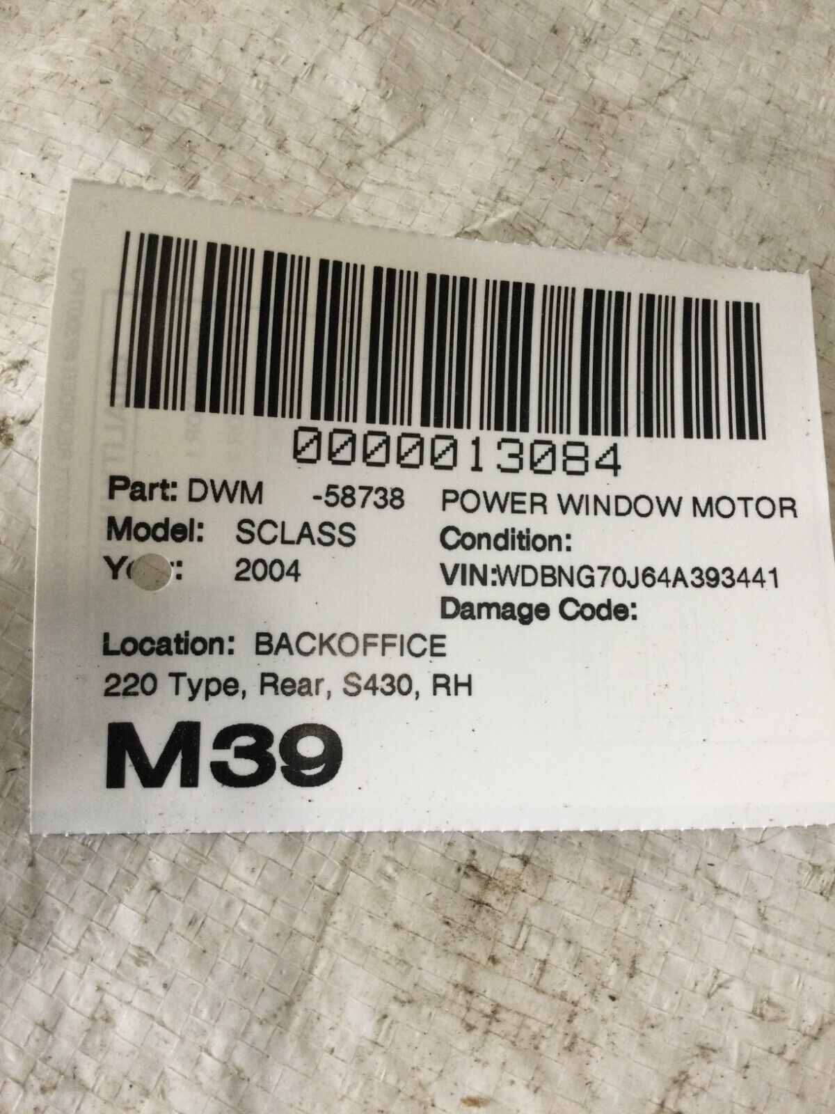 2004 Mercedes Benz S430 Rear Right Power Window Motor OEM