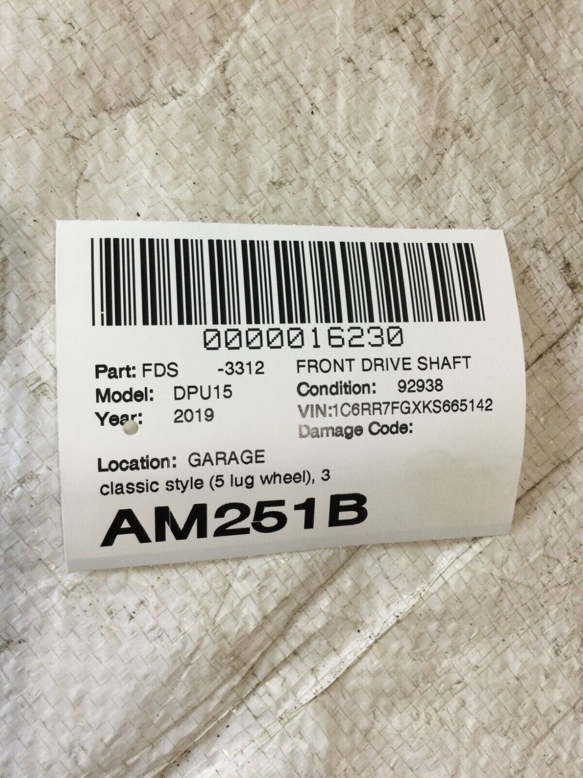 2019 Dodge Ram 1500 Front Propeller Drive Shaft OEM