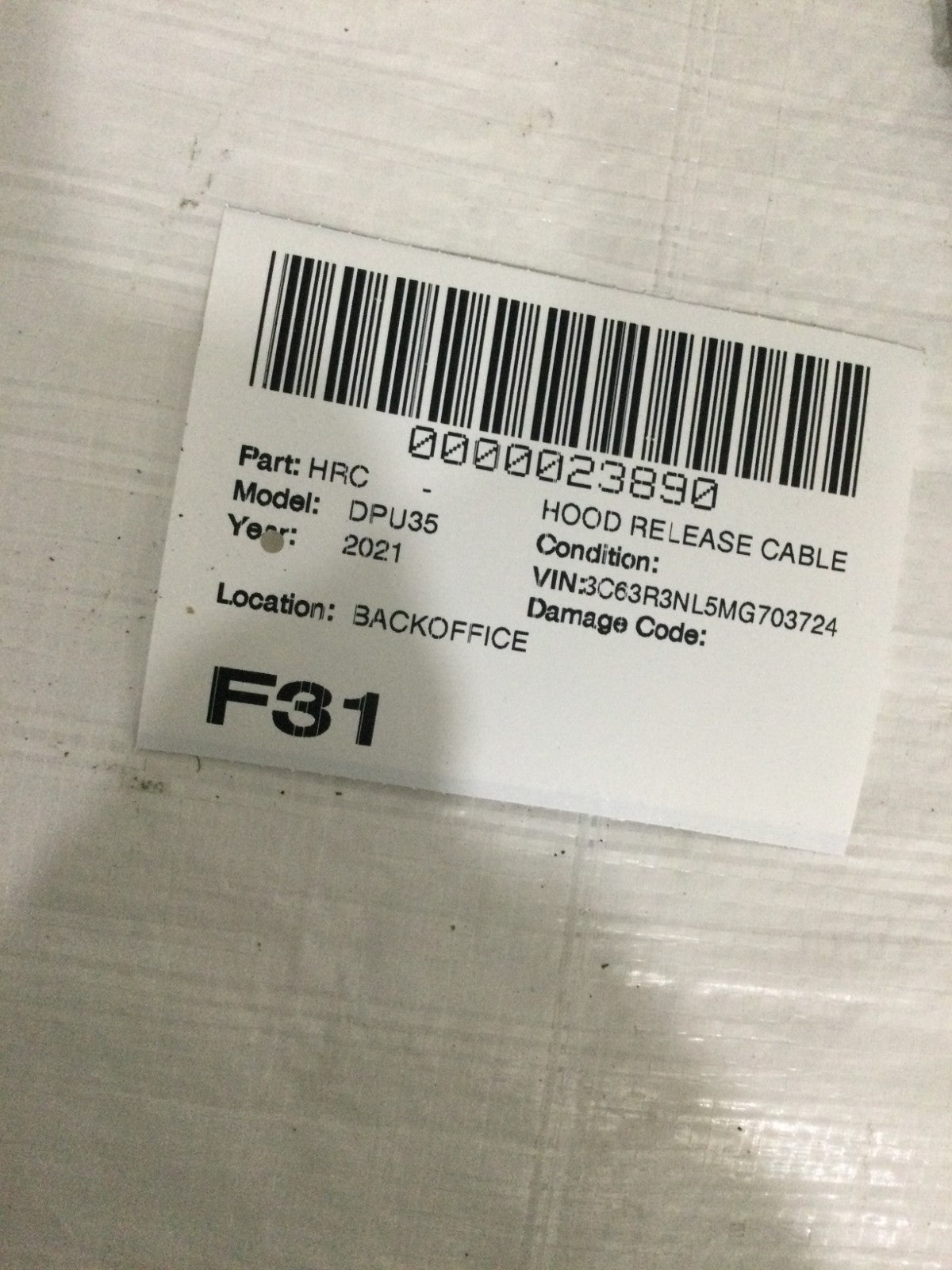 2021 Dodge Ram 3500 6.7L Hood Latch Release Cable OEM