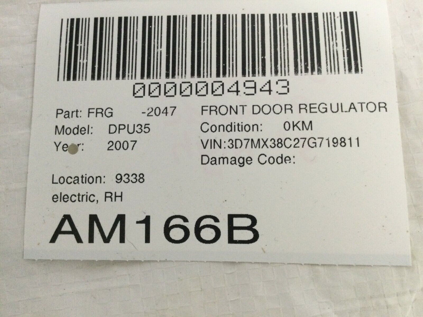 2007 Dodge Ram 3500 Front Right Window Door Regulator OEM