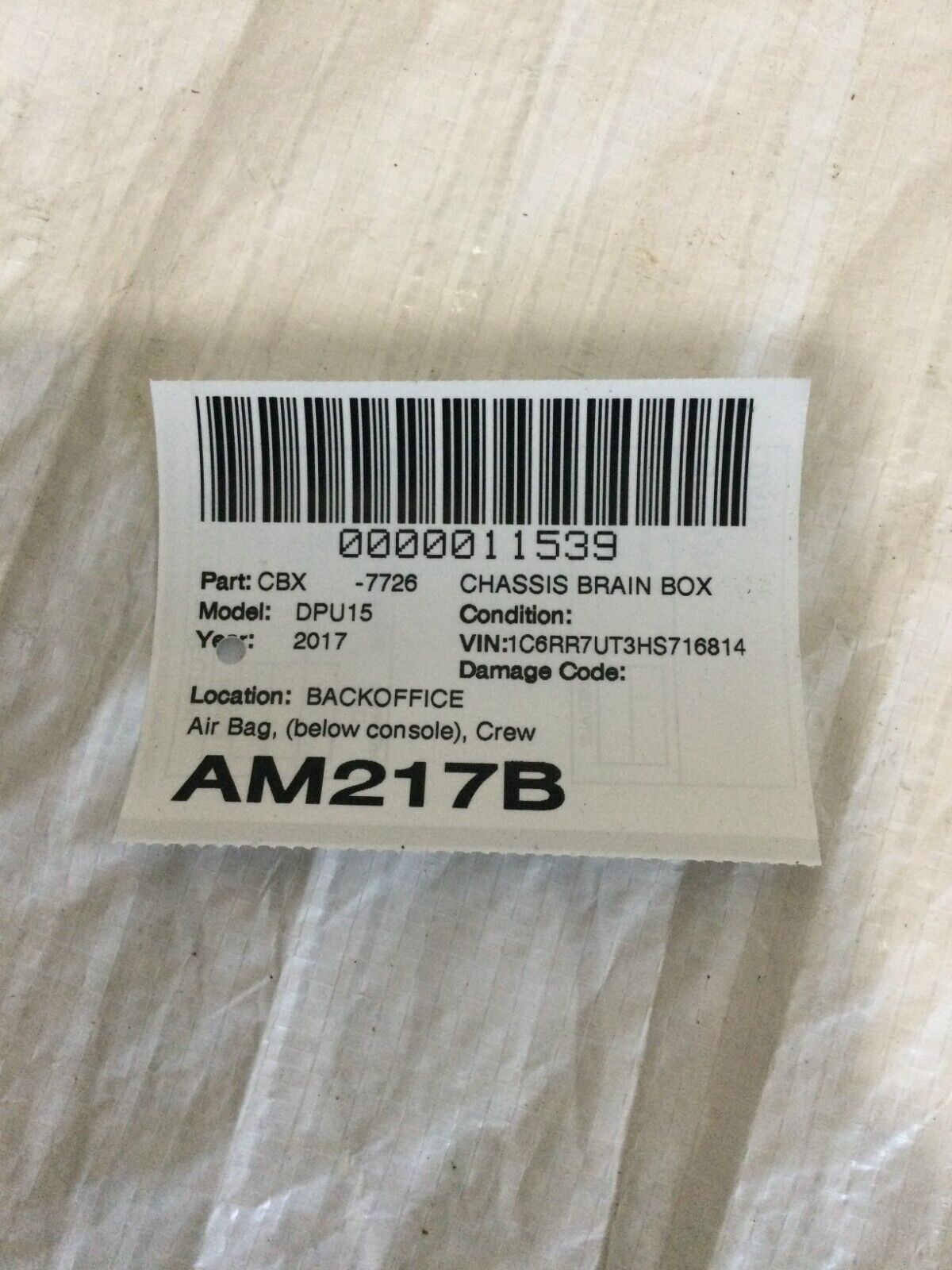 2017 Ram 1500 SRS Control Module 68303218AA OEM
