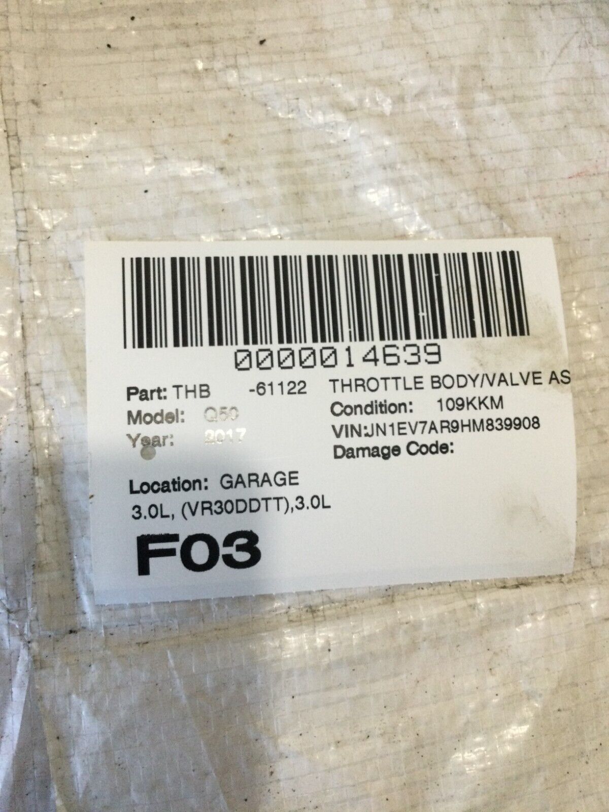 2017 Infiniti Q50 Throttle Body Valve Assembly OEM