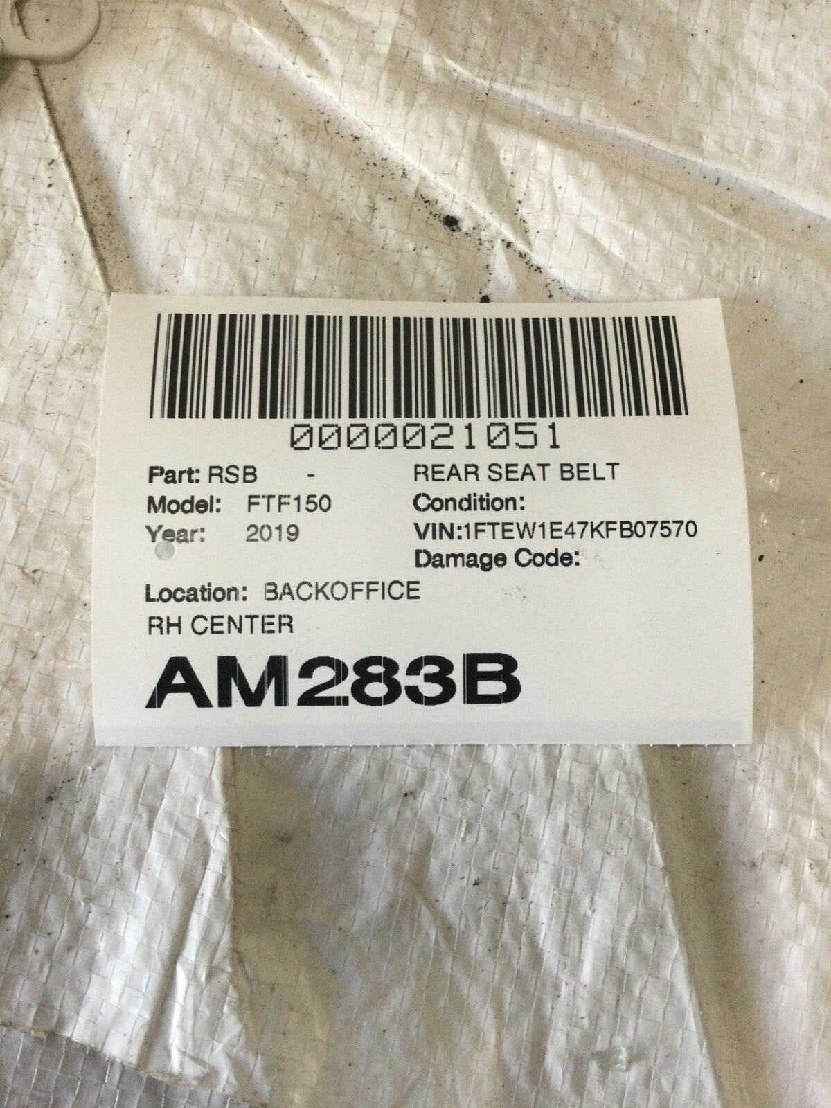 2019 Ford F-150 F150 Rear Right Center Seat Belt OEM 2018-2020