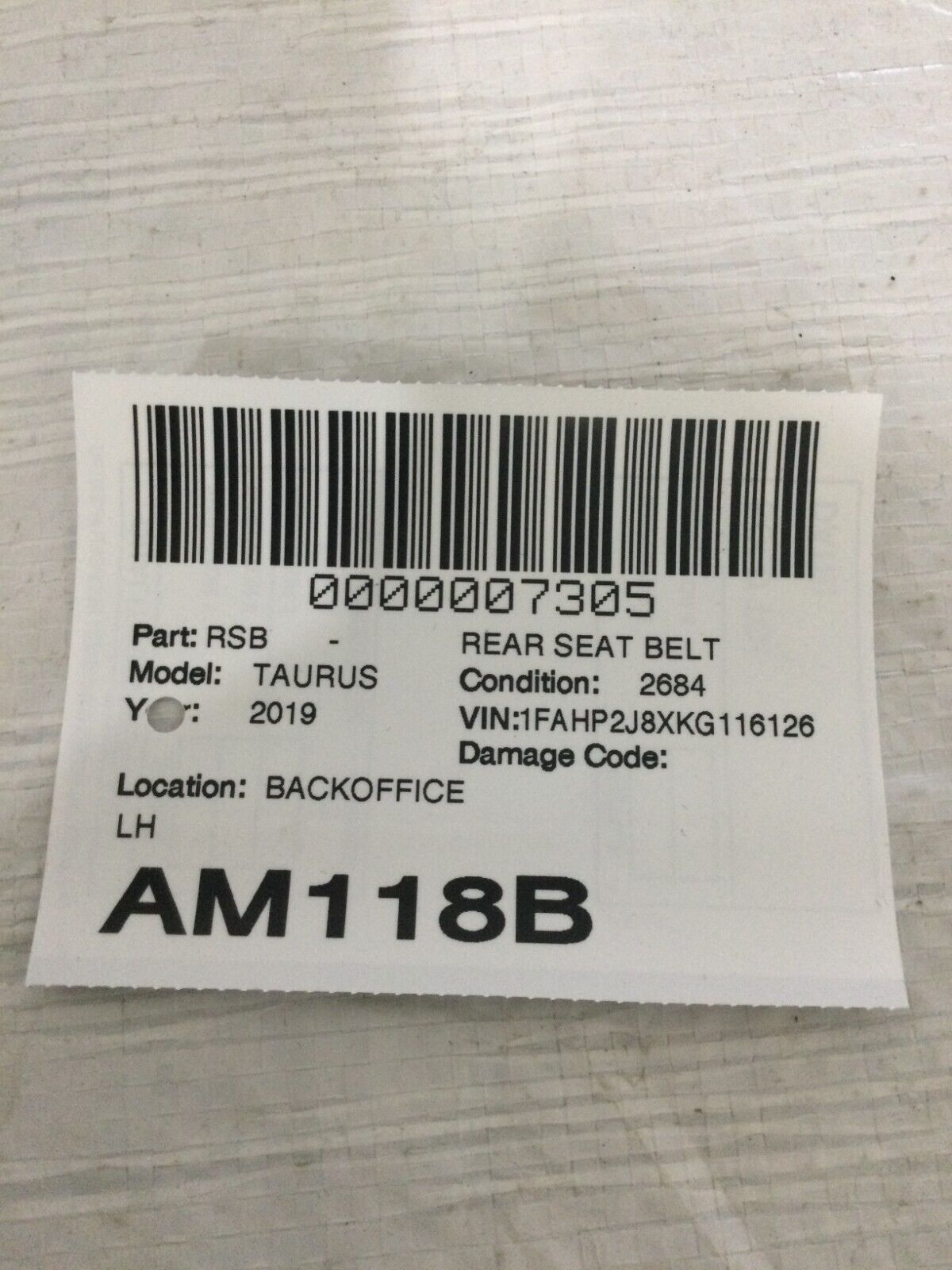 2019 Ford Taurus Rear Left Seat Belt OEM LH