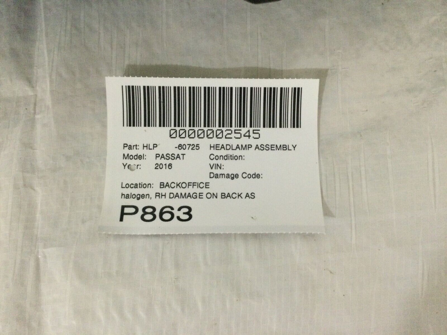 2016-2019 Volkswagen Passat Halogen Headlight Right Passenger Side RH OEM