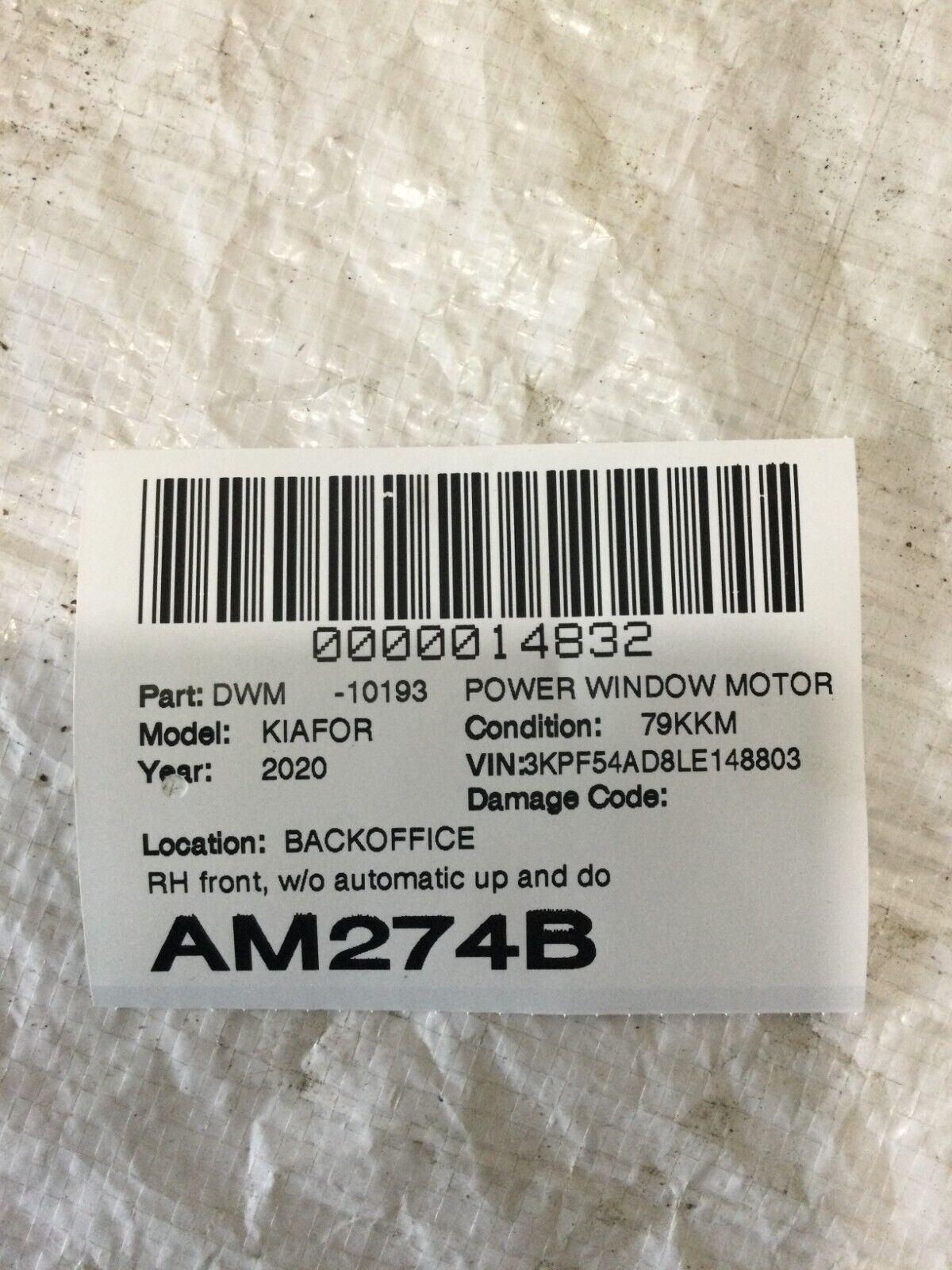 2020 Kia Forte Front Right Side Power Window Motor OEM