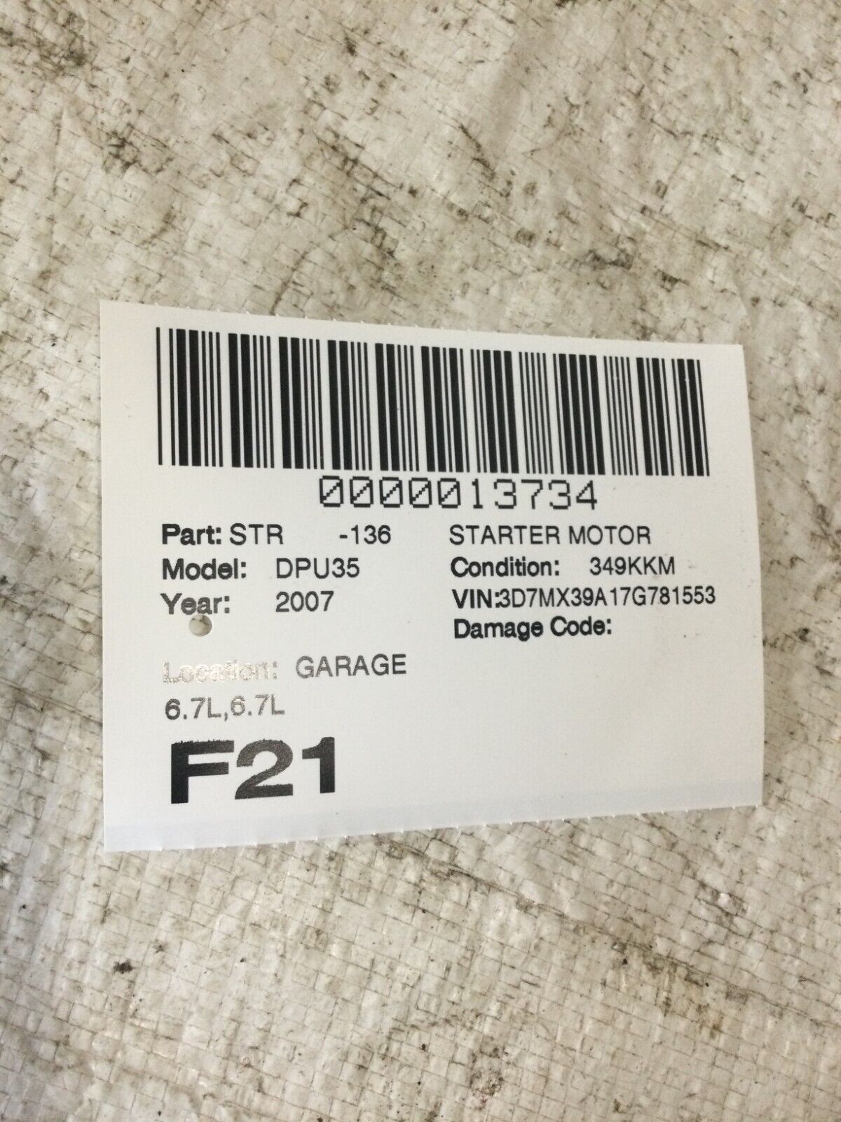 2007 Dodge Ram 3500 6.7L Diesel Engine Starter Motor OEM 4934925