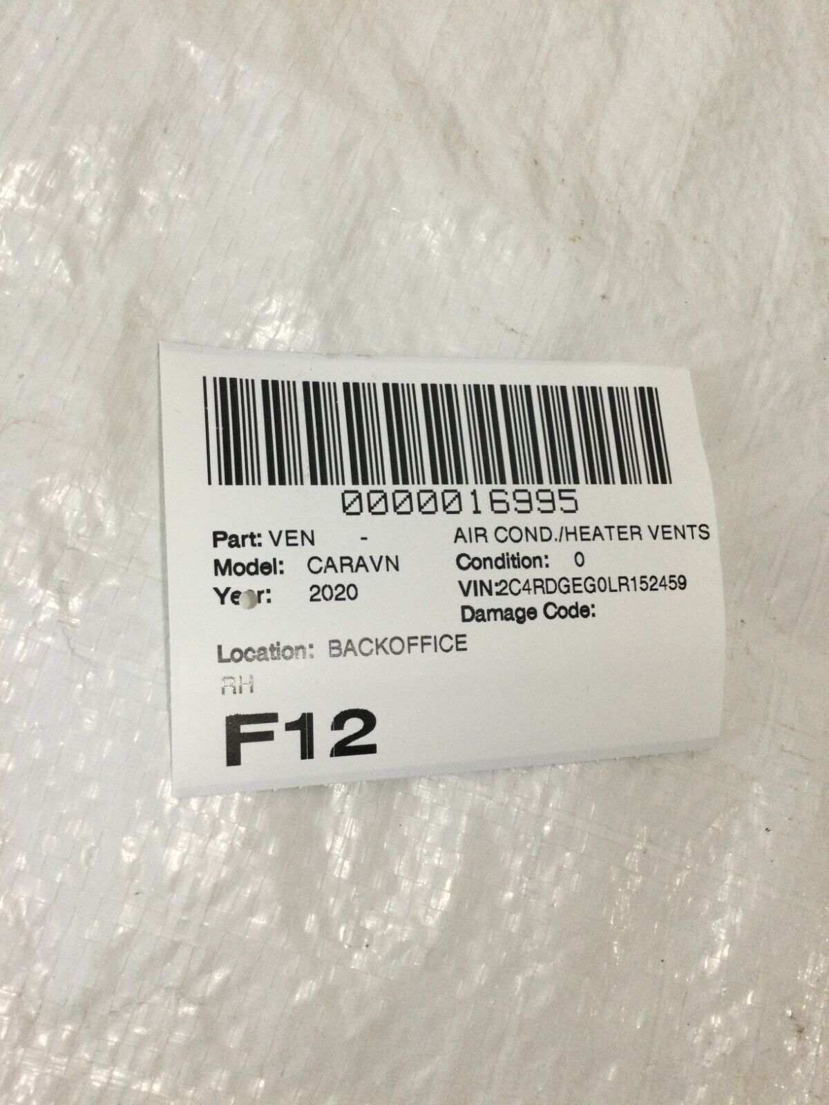 2020 Dodge Grand Caravan Front Right Instrument Panel Air Duct OEM