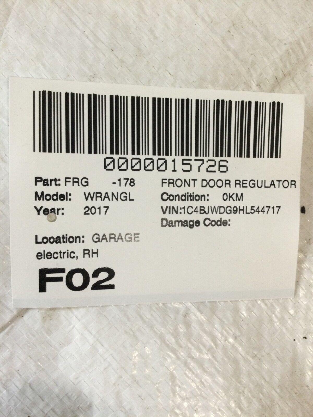 2017 Jeep Wrangler Front Right Passenger Door Window Regulator OEM