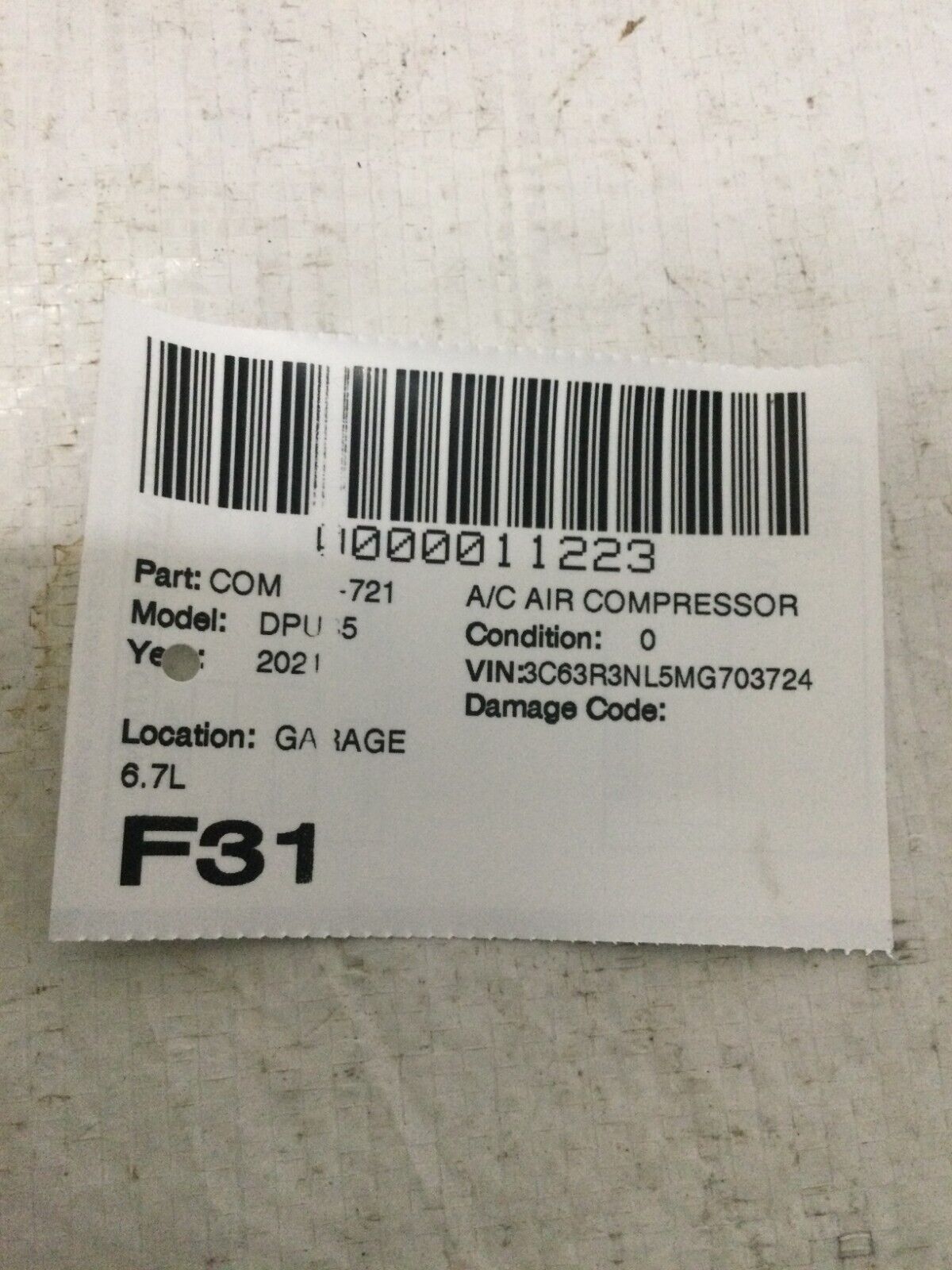 2021 Dodge Ram 3500 6.7L Turbo Diesel A/C Compressor OEM