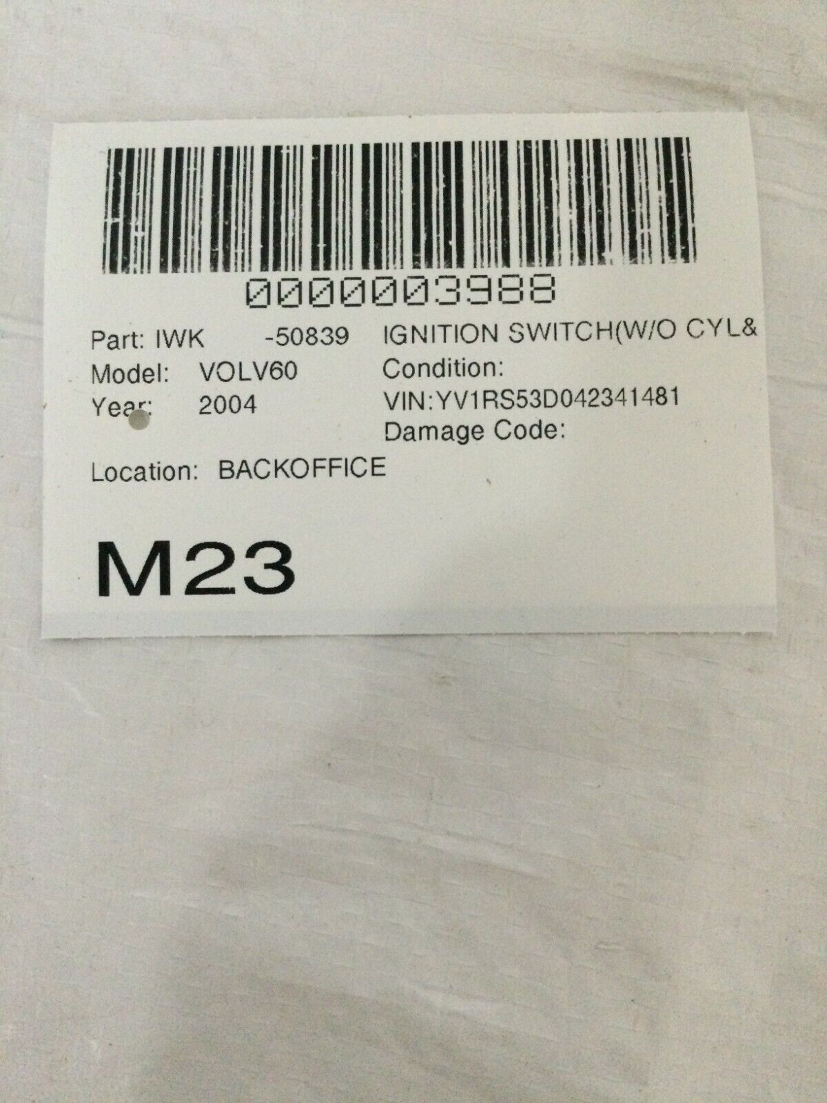 2004 Volvo S60 Steering Column Ignition Switch OEM 8645228