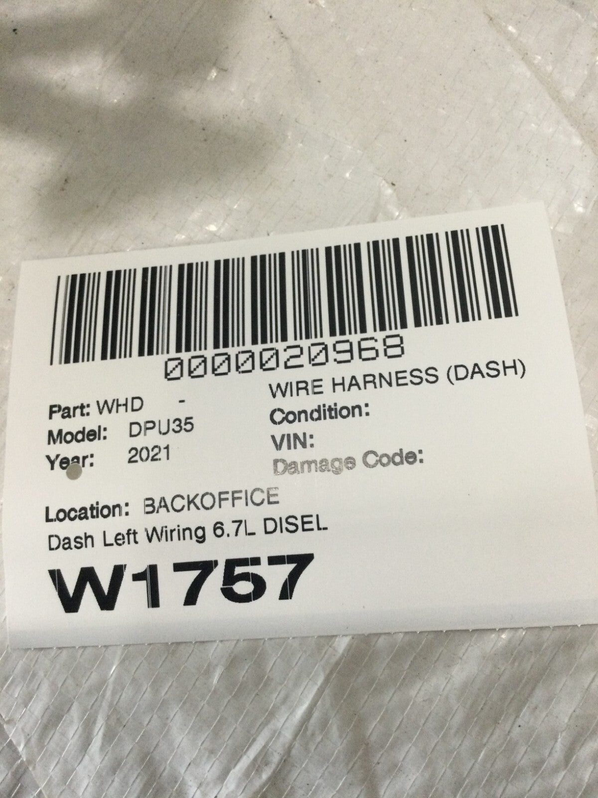 2021 Dodge Ram 3500 Diesel 6.7L Dash Left Wiring Harness 68516170AA OEM