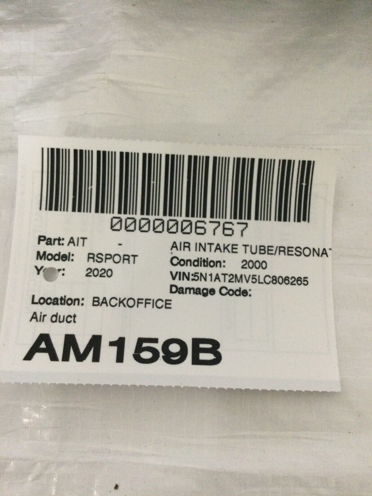2020 Nissan Rogue 2.5L Air Intake Tube Duct OEM 4BA1F