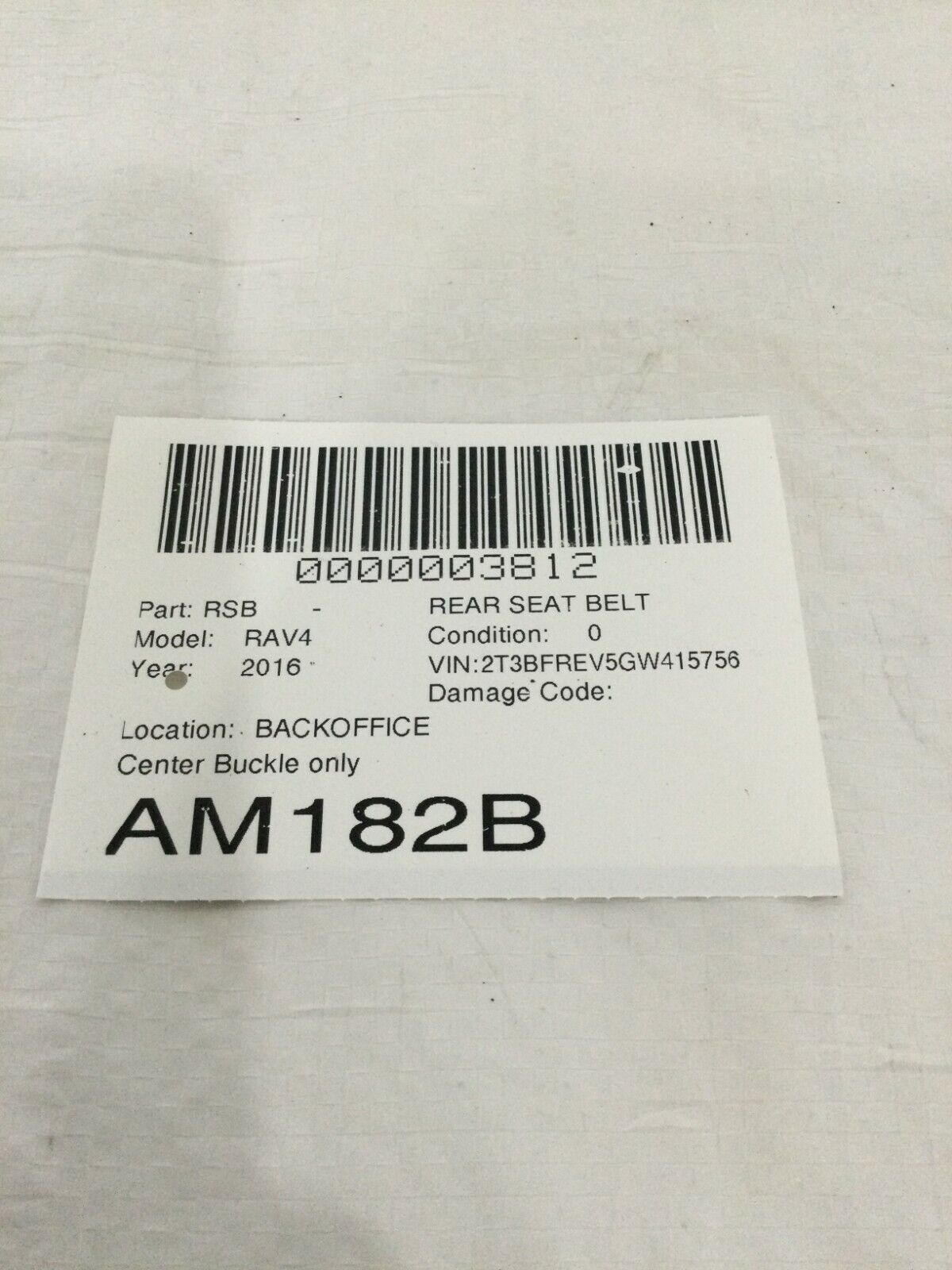 2016 Toyota RAV4 Rear Center Seat Belt Buckle OEM