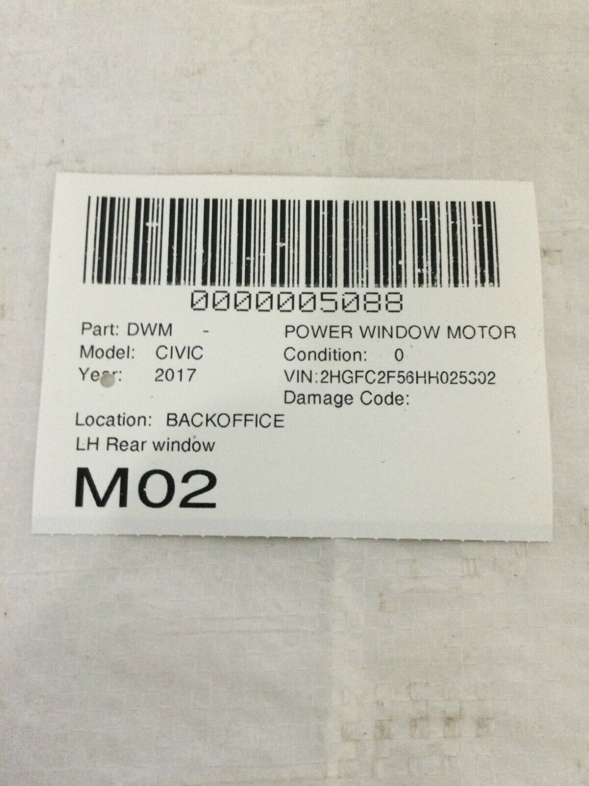 2016-2018 Honda Civic Left Rear Power Window Motor OEM