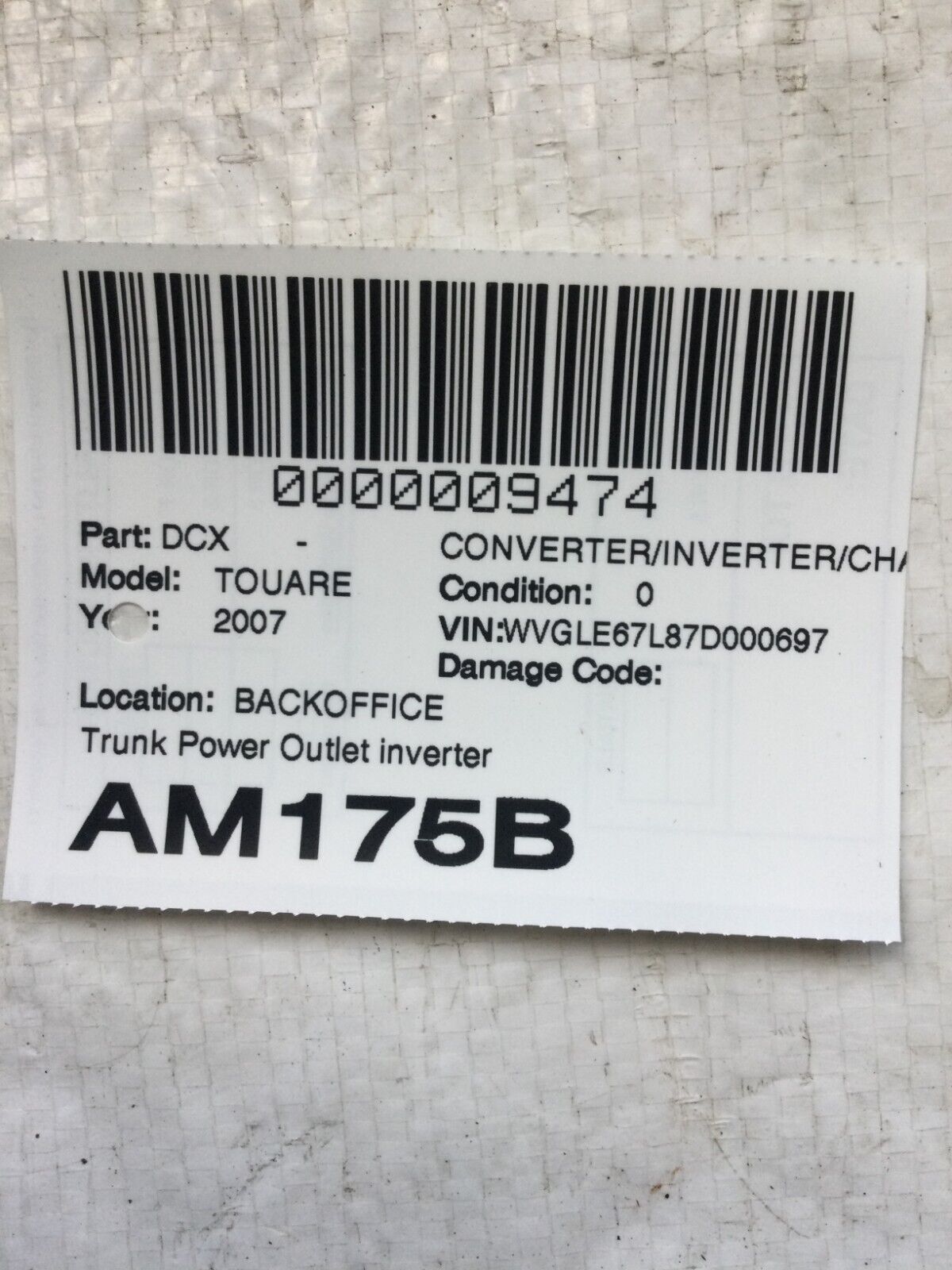 Volkswagen VW Touareg 04-07 Rear Trunk Power Outlet Inverter 7L6907155A