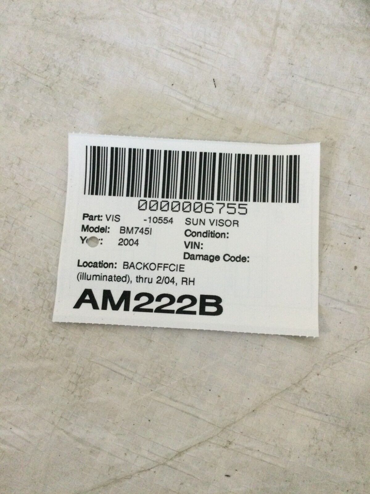 2002-2004 BMW 745i 745LI E65 E66 Pass Sun Visor Sunvisor Gray W/ Mirror OEM RH