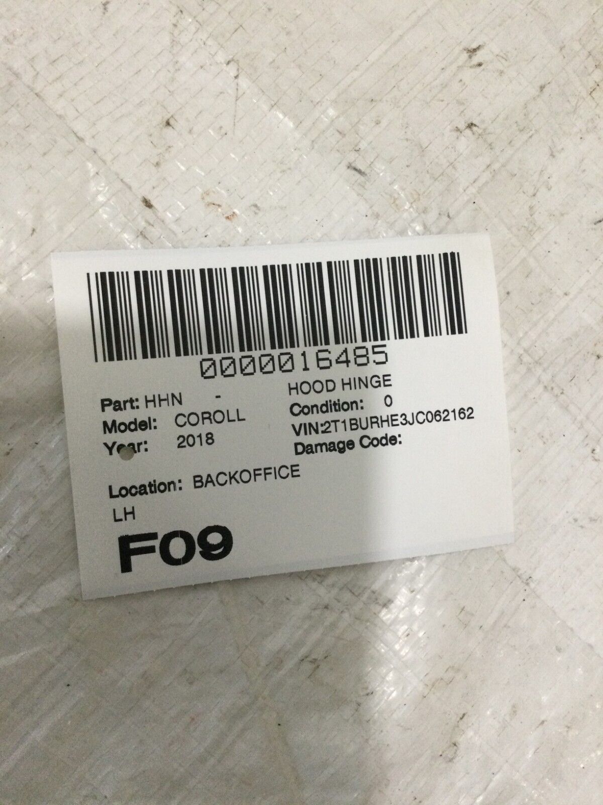 2018 Toyota Corolla Hood Hinge Left OEM