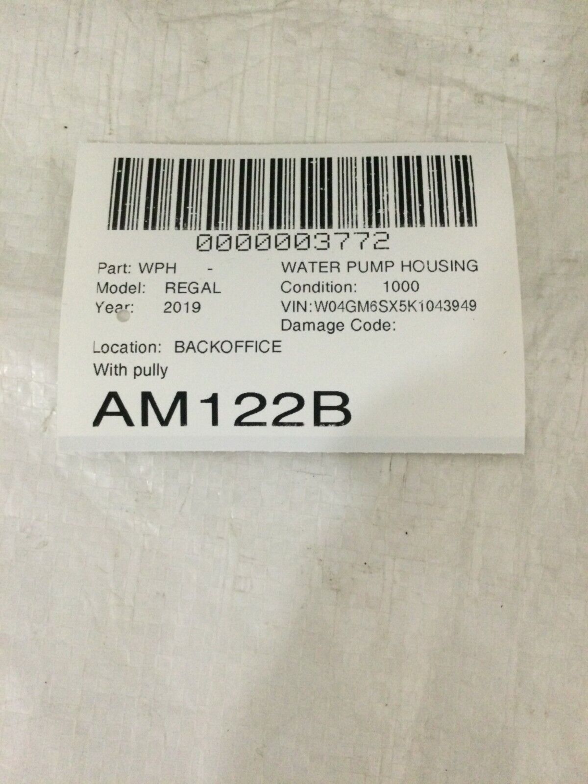 2019 Buick Regal Sportback Preferred II Water Pump Housing W/ Pulley OEM 2.0L