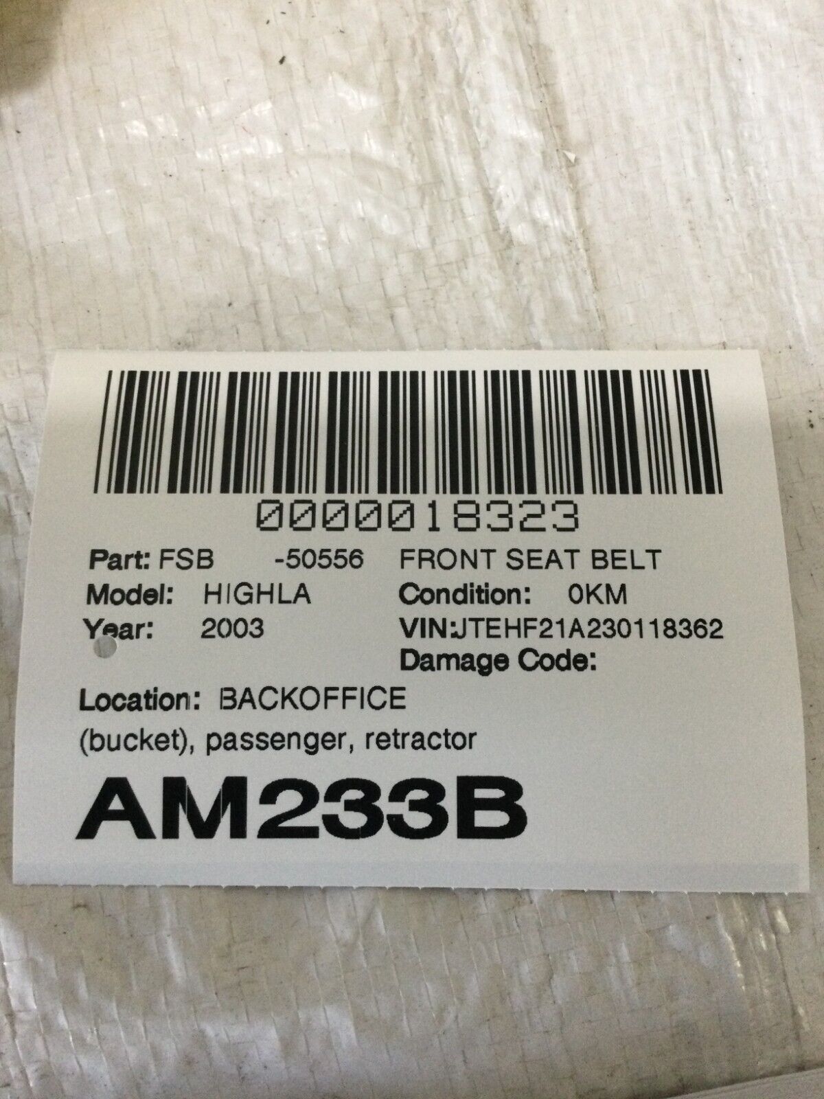 2003 Toyota Highlander Front Right Passenger Side Seat Belt Bucket OEM