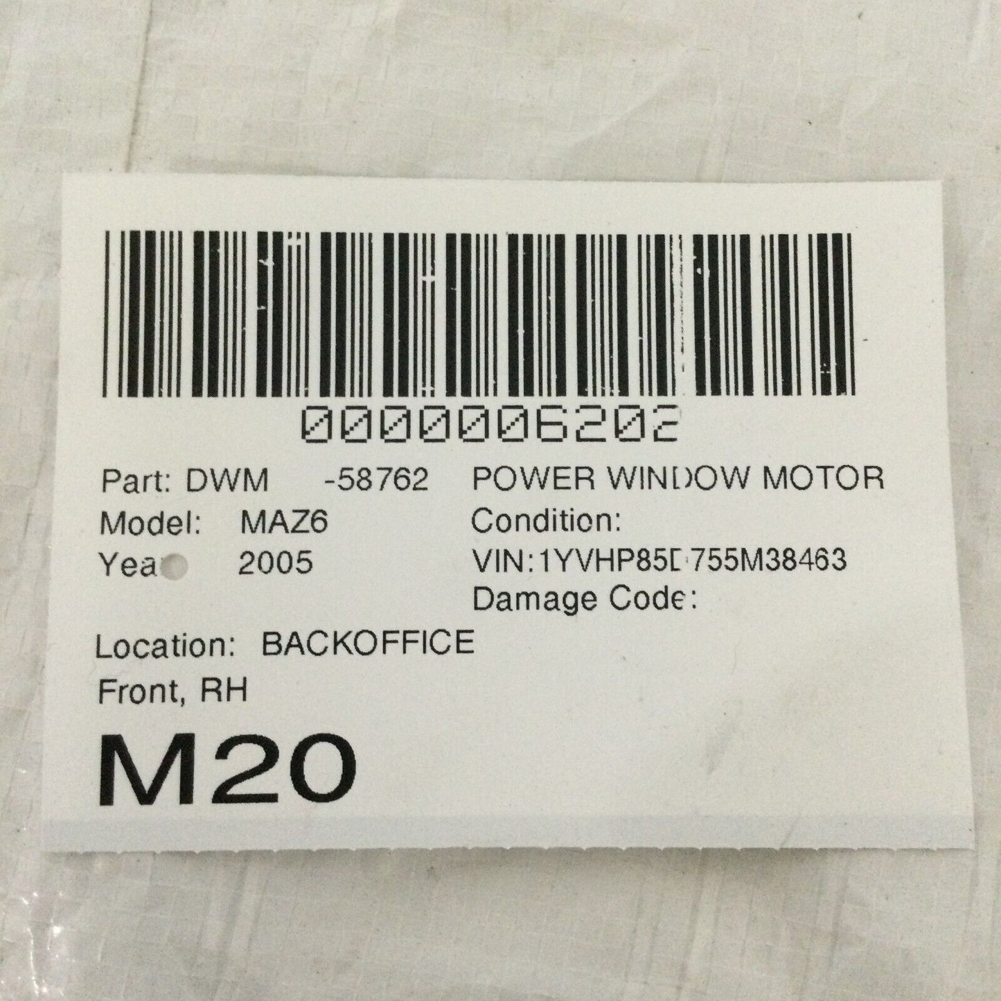 2004-2005 Mazda 6 Hatch Back Front Right Power Window Motor OEM GJ6A 5858X