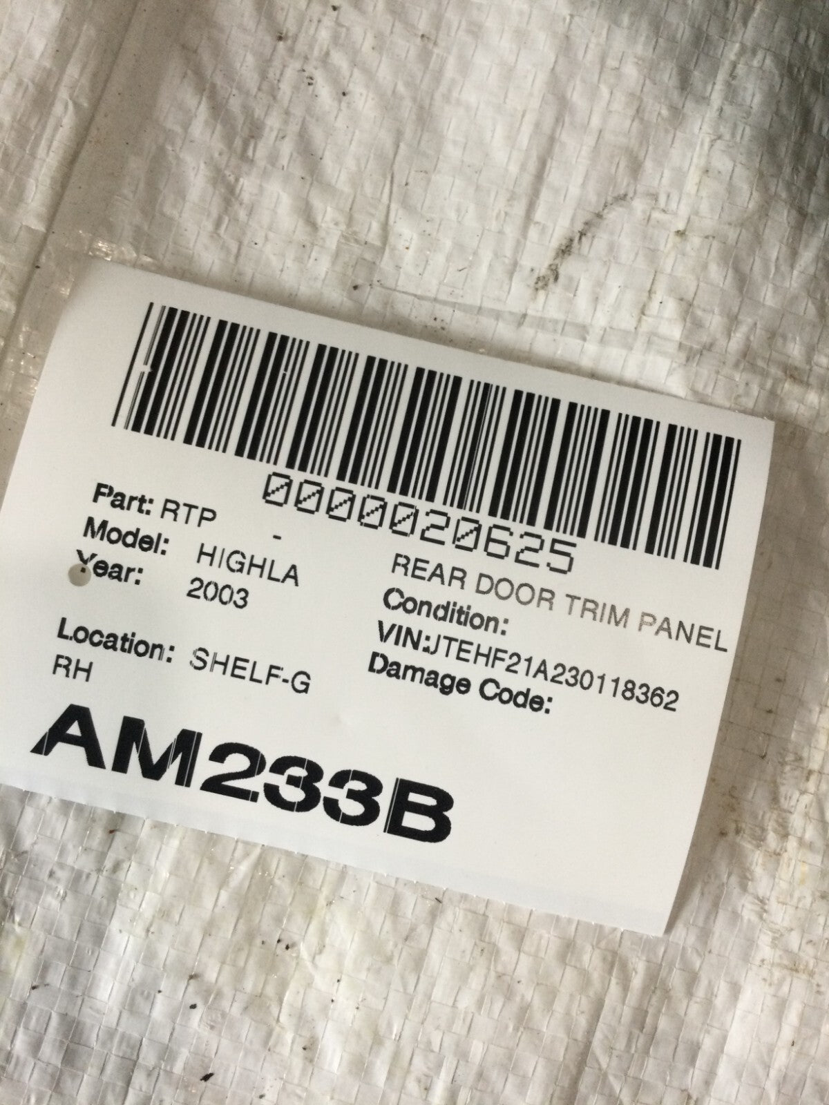 2001-2003 Toyota Highlander Rear Right Passenger Door Trim Panel OEM (Cut Mark )