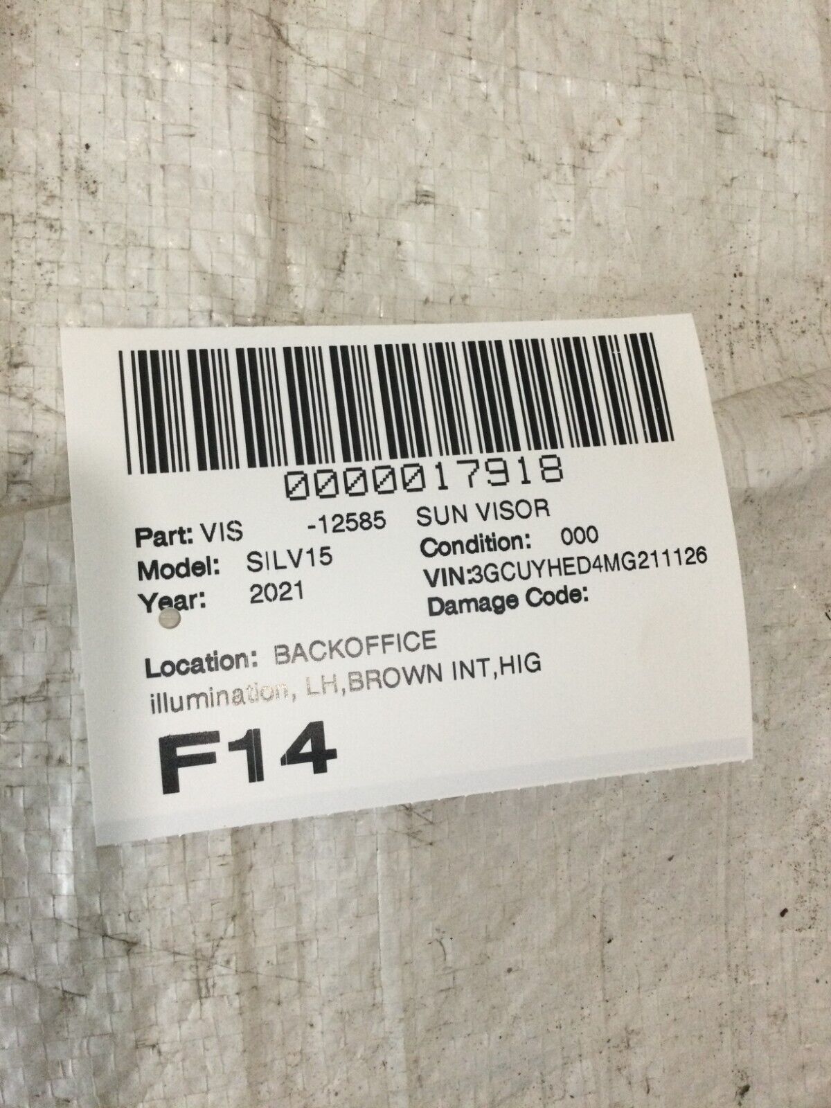 2021 Chevrolet Silverado 1500 Left Driver Illuminated Sun Visor OEM