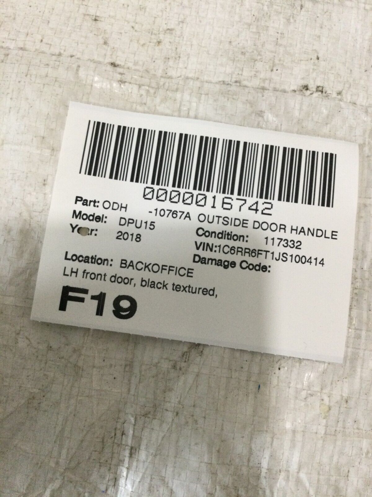 2018 RAM 1500 Front Left Driver Side Exterior Textured Outside Door Handle OEM