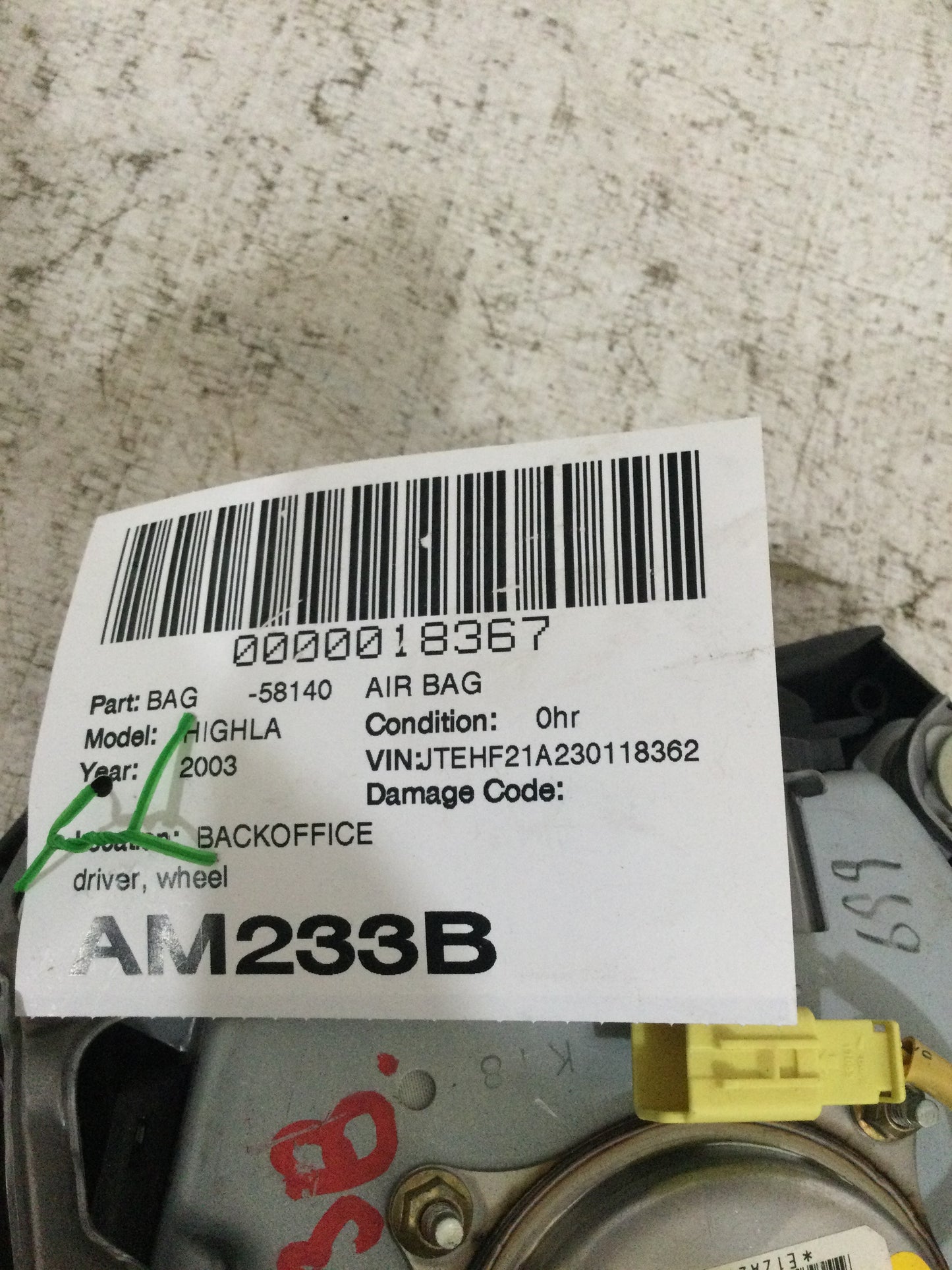 2003 TOYOTA HIGHLANDER DRIVER WHEEL AIRBAG