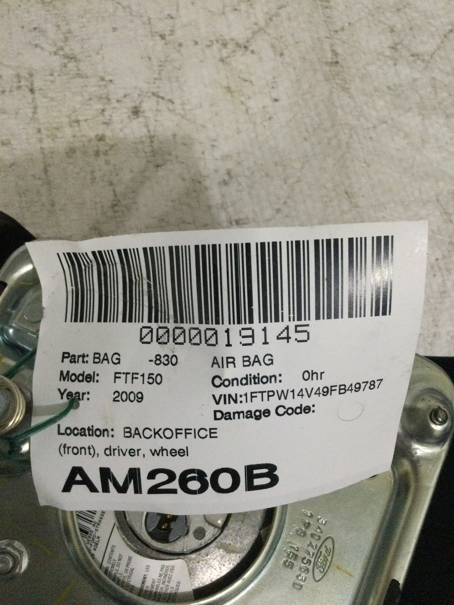 2009 FORD PICKUP F150 SERIES DRIVER WHEEL AIRBAG