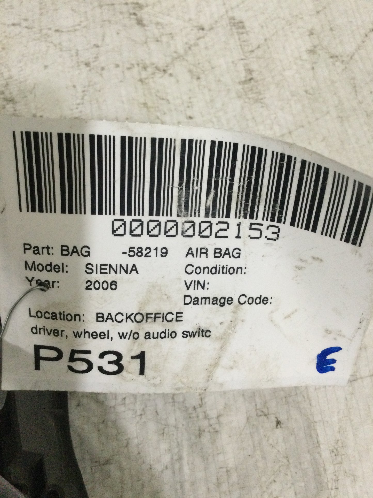 2006 TOYOTA SIENNA DRIVER WHEEL AIRBAG